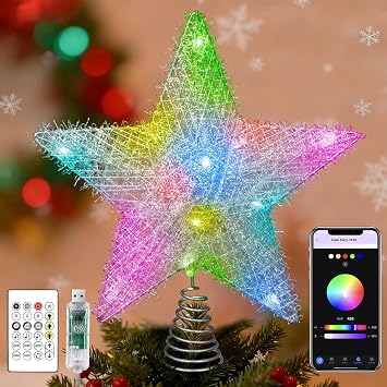 Christmas Star Tree Topper, 9 Smart Silver Glitter Hollow Star Tree Topper with Remote & APP Control, 15 LEDs Christmas Tree Topper for Xmas Holiday Party Decorations Ornaments