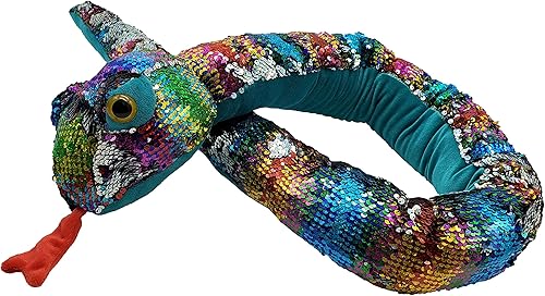 Miniatura 7 de Serpiente de peluche de lentejuelas con diseño de arcoíris, animal de peluche reversible con lentejuelas, gigante de 60 pulgadas de largo