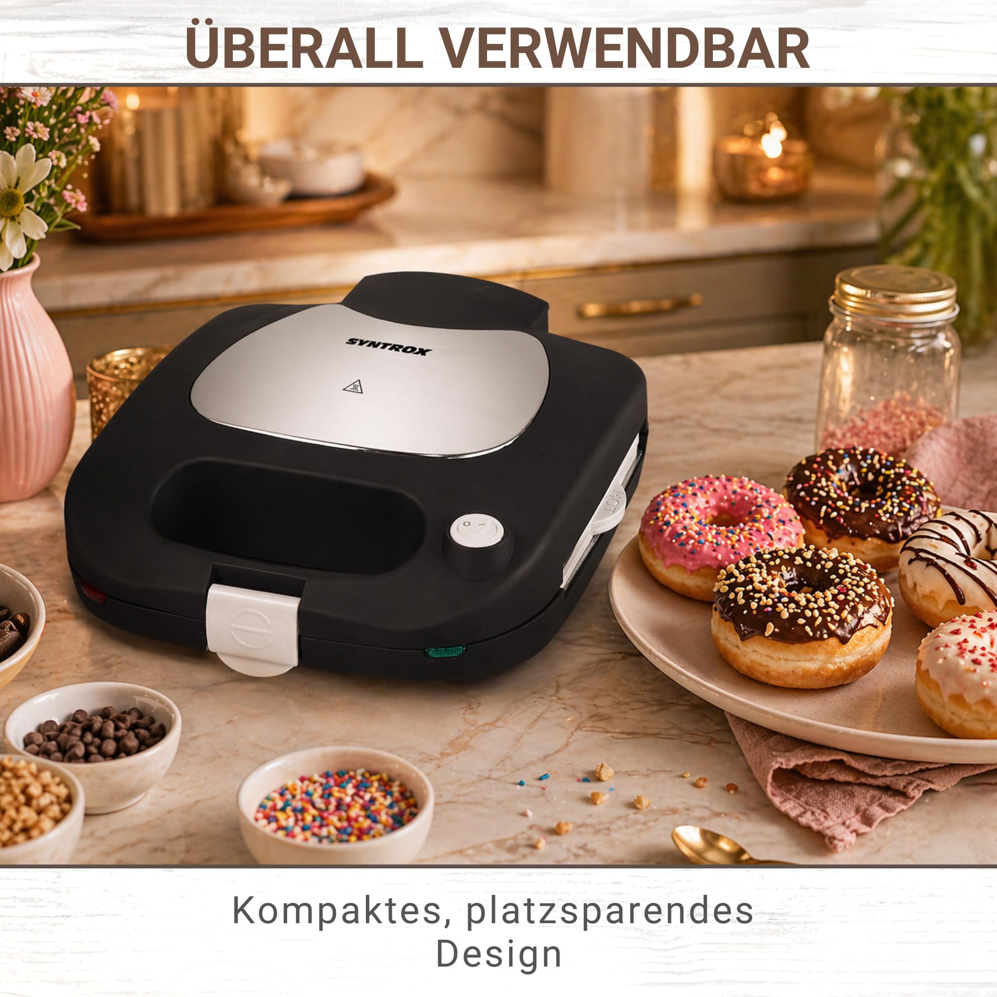 Syntrox Germany SM-1500W-Donut Maker - für 6 Donuts mit austauschbaren Keramik Wechselplatten