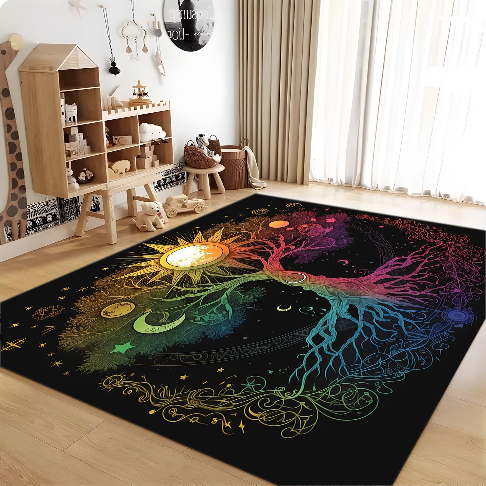 Tapis Intérieur Arbre De Vie Coloré 140x200cm Tapis Pelucheux à Poil Ras, Doux et antidérapant Tapis Lavable, Moquette pour Chambre Salon décoration d'intérieur