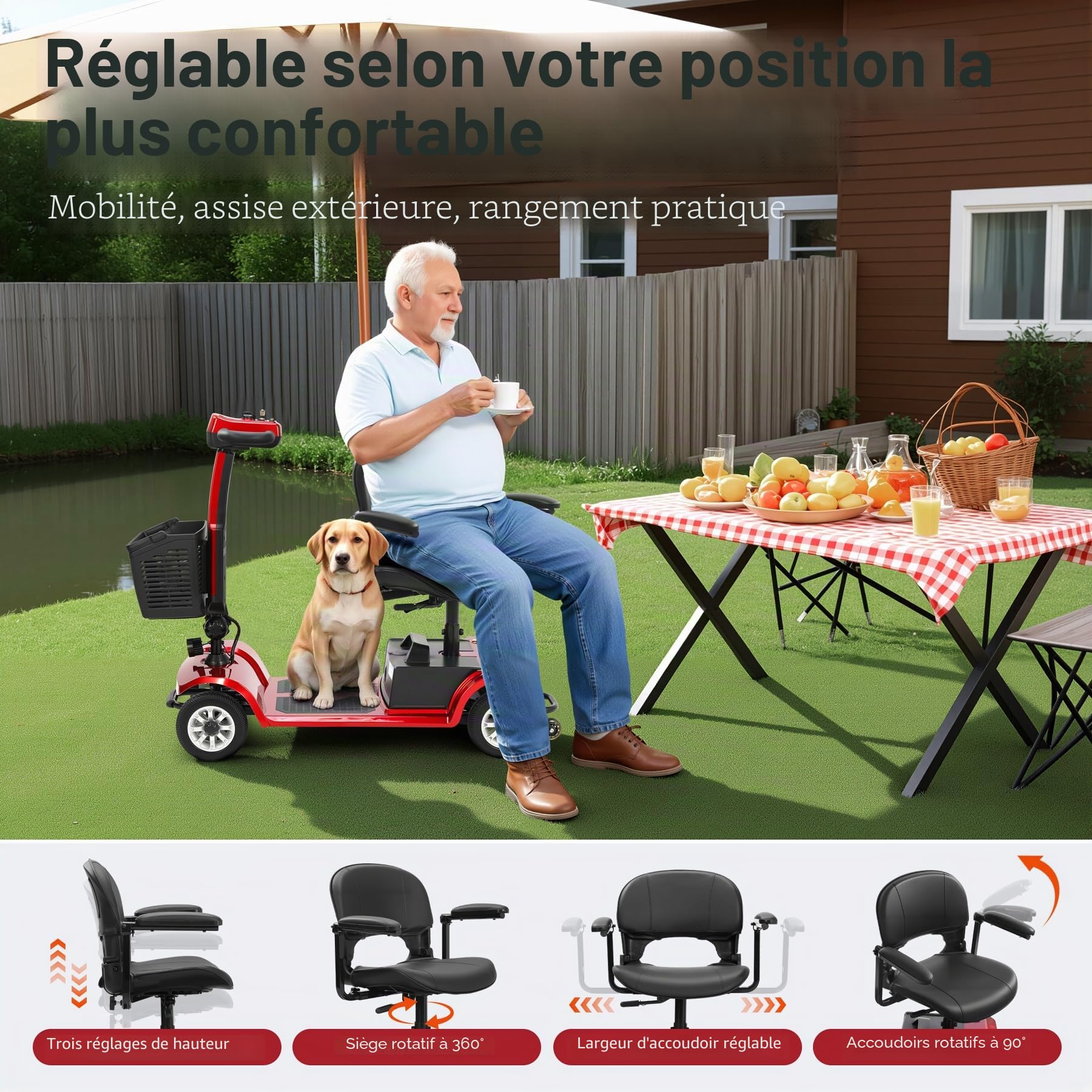 Scooter électrique pour seniors 22 km Scooter pliable à 4 roues avec panier Batterie légère Capacité de charge jusqu'à 190 kg Scooter électrique