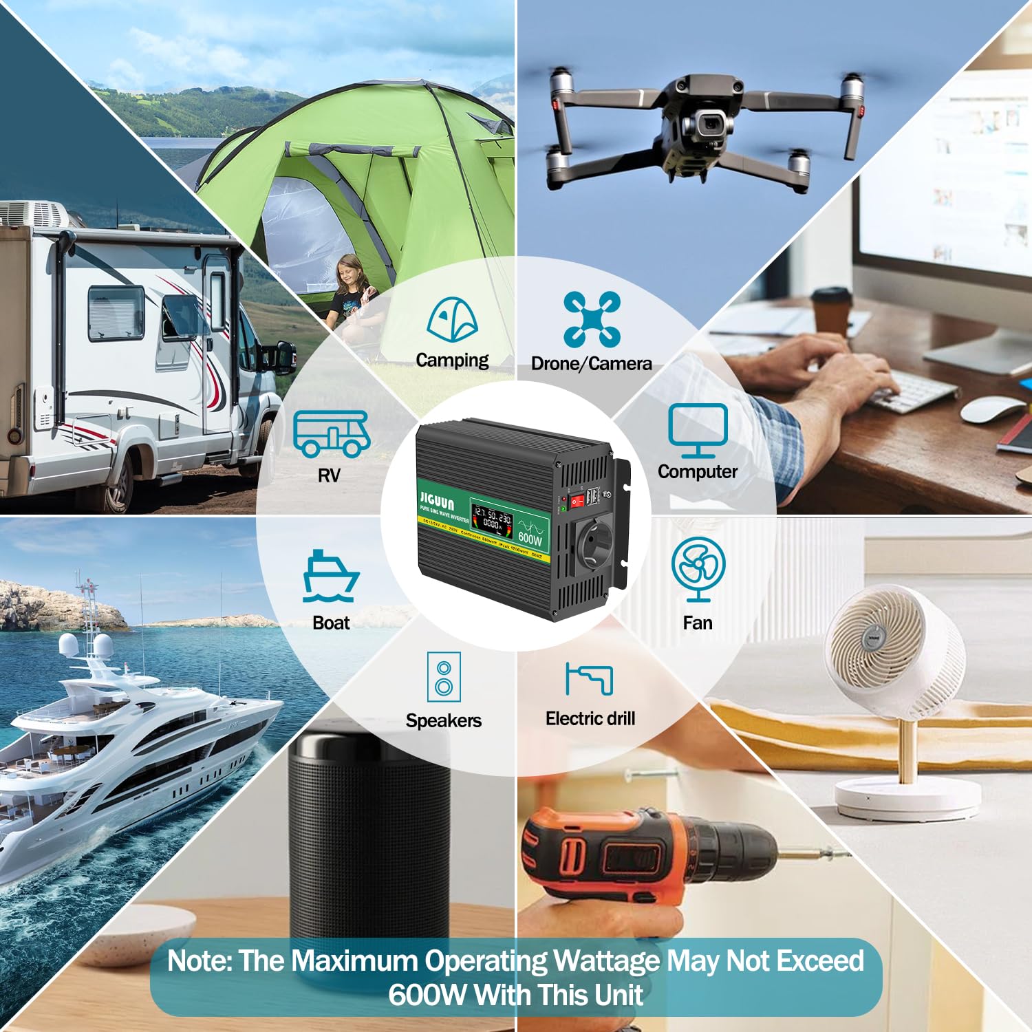 JIGUUN 600W inverter 12V/24V 220V onda pura Trasformatore con 1 prese EU e 2 porta USB 2.4A Telecomando senza fili e display LCD Potenza di picco 1200W per camion camper emergenza