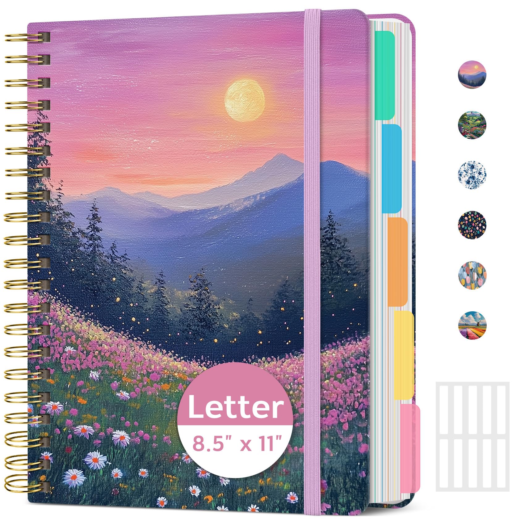 Cuaderno grande en espiral con separadores y pestañas, 8.5 x 11 pulgadas, tapa dura, cuaderno de 5 asignaturas para el trabajo, 280 páginas, rayas universitarias, bonito diario para mujeres, perfecto