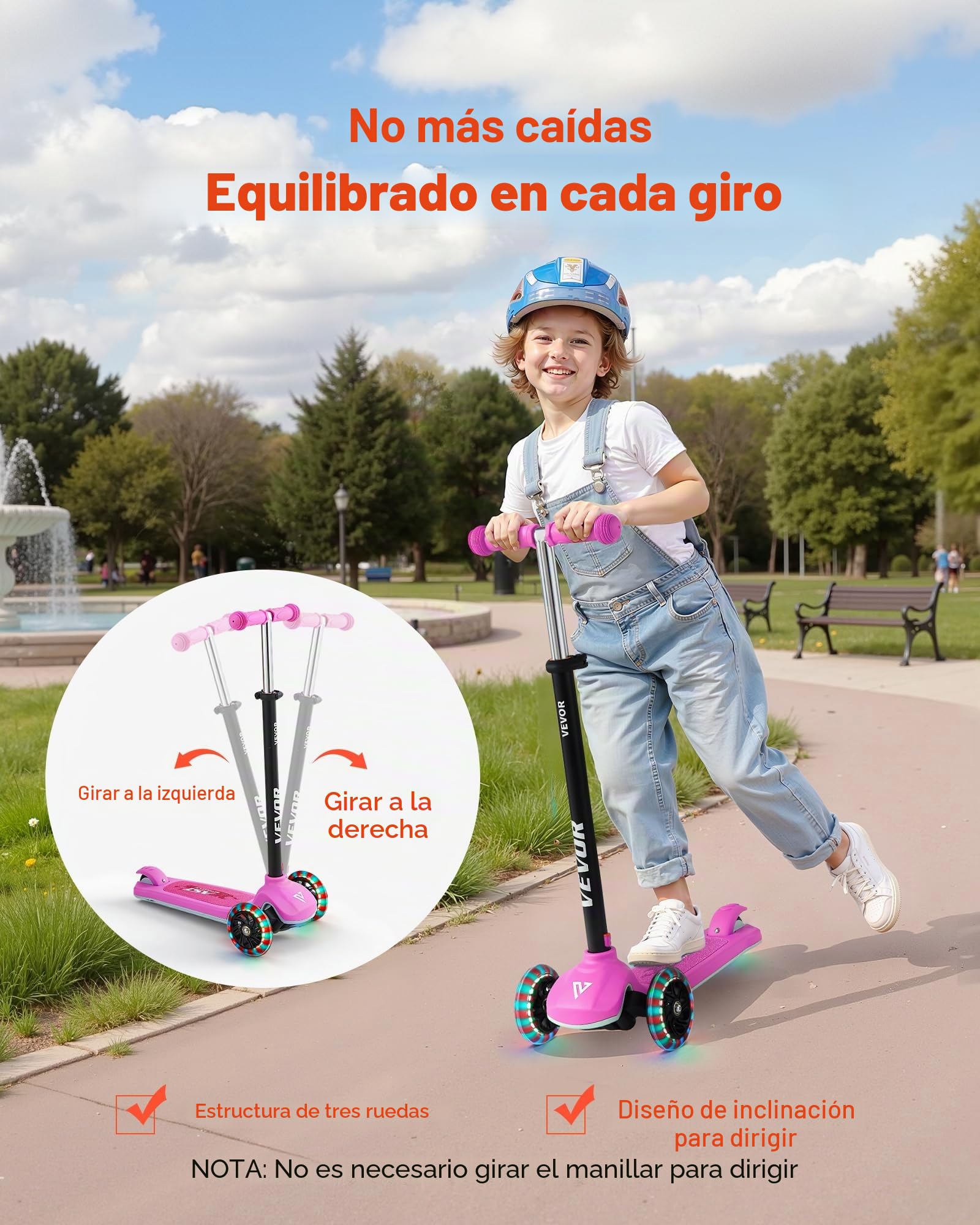 VEVOR Patinete 3 Ruedas, para Niños de 3 Años en Adelante, Ruedas Iluminadas, Manillar de Altura Ajustable, Base Antideslizante y Cuadro de Aluminio Ligero, hasta 75 kg, Rosa, 520 x 250 x 800 mm