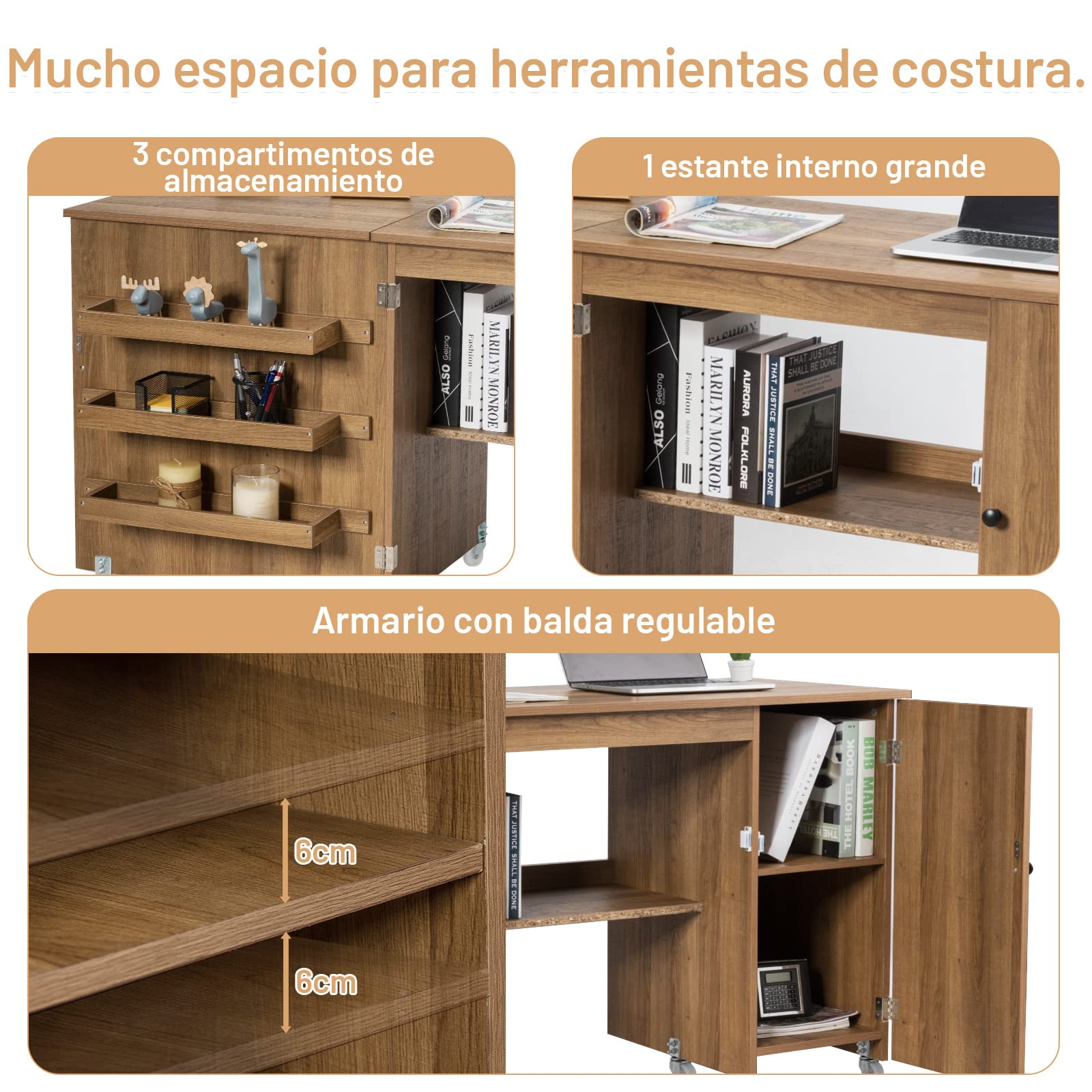 GOPLUS Mesa de Costura Plegable con 6 Ruedas Universales (2 Bloqueables), 3 Estantes y 1 Balda, 3 en 1 Armario de Costura, Mueble para Máquina de Coser para Dormitorio Salón Estudio (Natural)