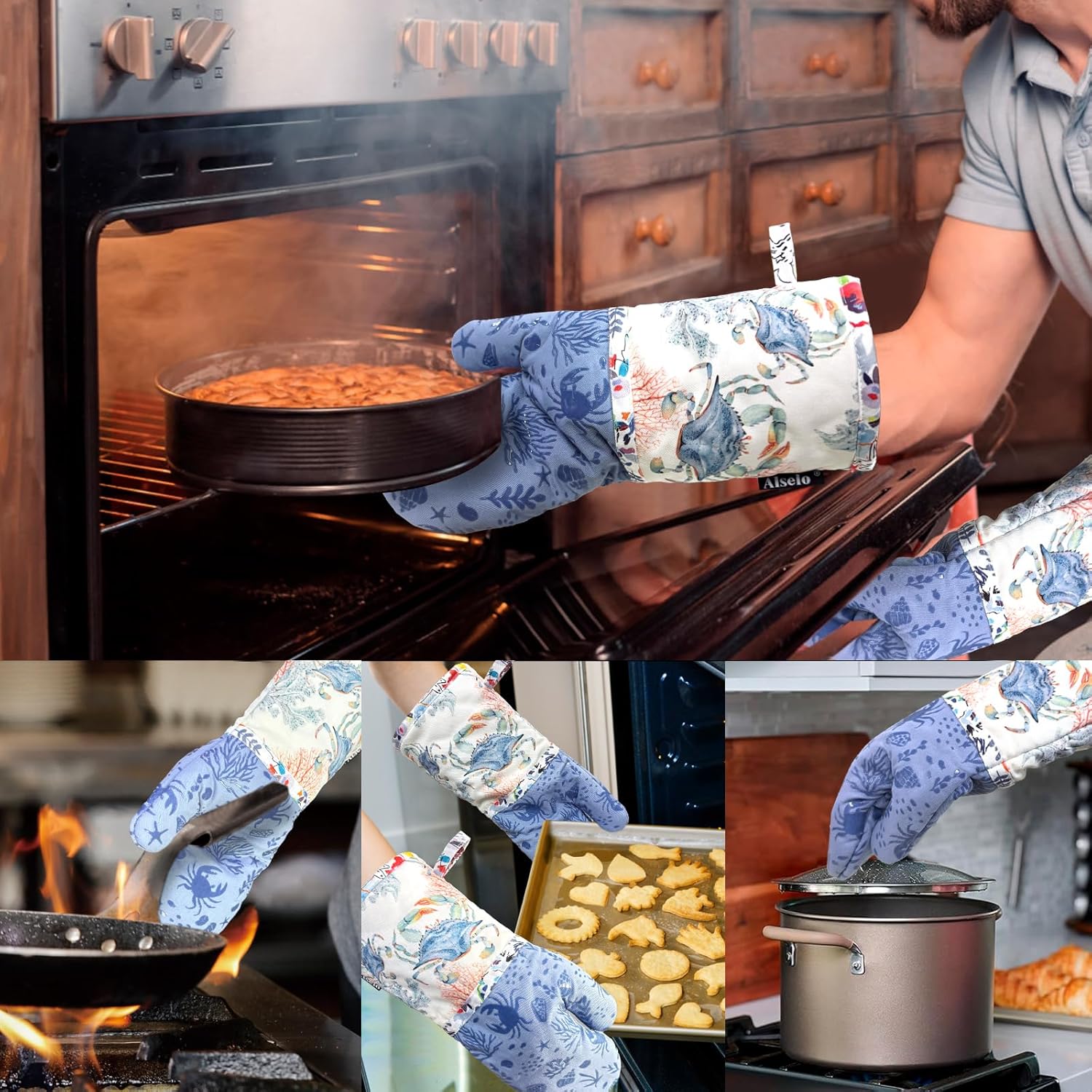 Oven Mitts, Heat Resistant with Soft Quilted Cotton Lining Set of 2, Fashion Crab Design with Silicone Printing Anti-Slip Kitchen Gloves for Safe Backing Cooking Barbecue (Lilac,Crab) - Image 6