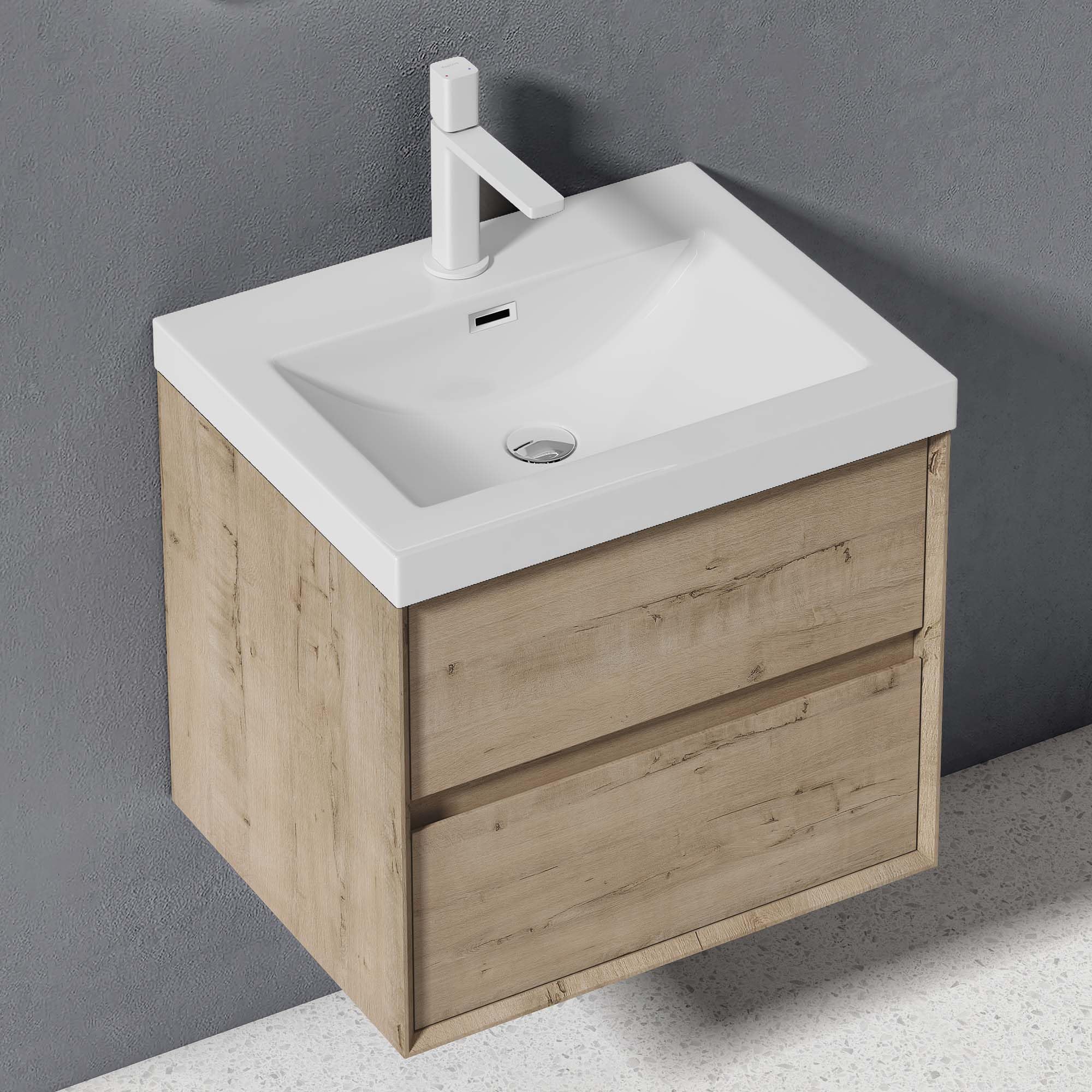 doporro Badmöbel Set Waschtischunterschrank Waschtisch mit Unterschrank Wandhängender Waschbecken-Unterschrank mit Soft-Close in Eiche Greige 60cm inkl. Mineralguss-Waschbecken Rimo