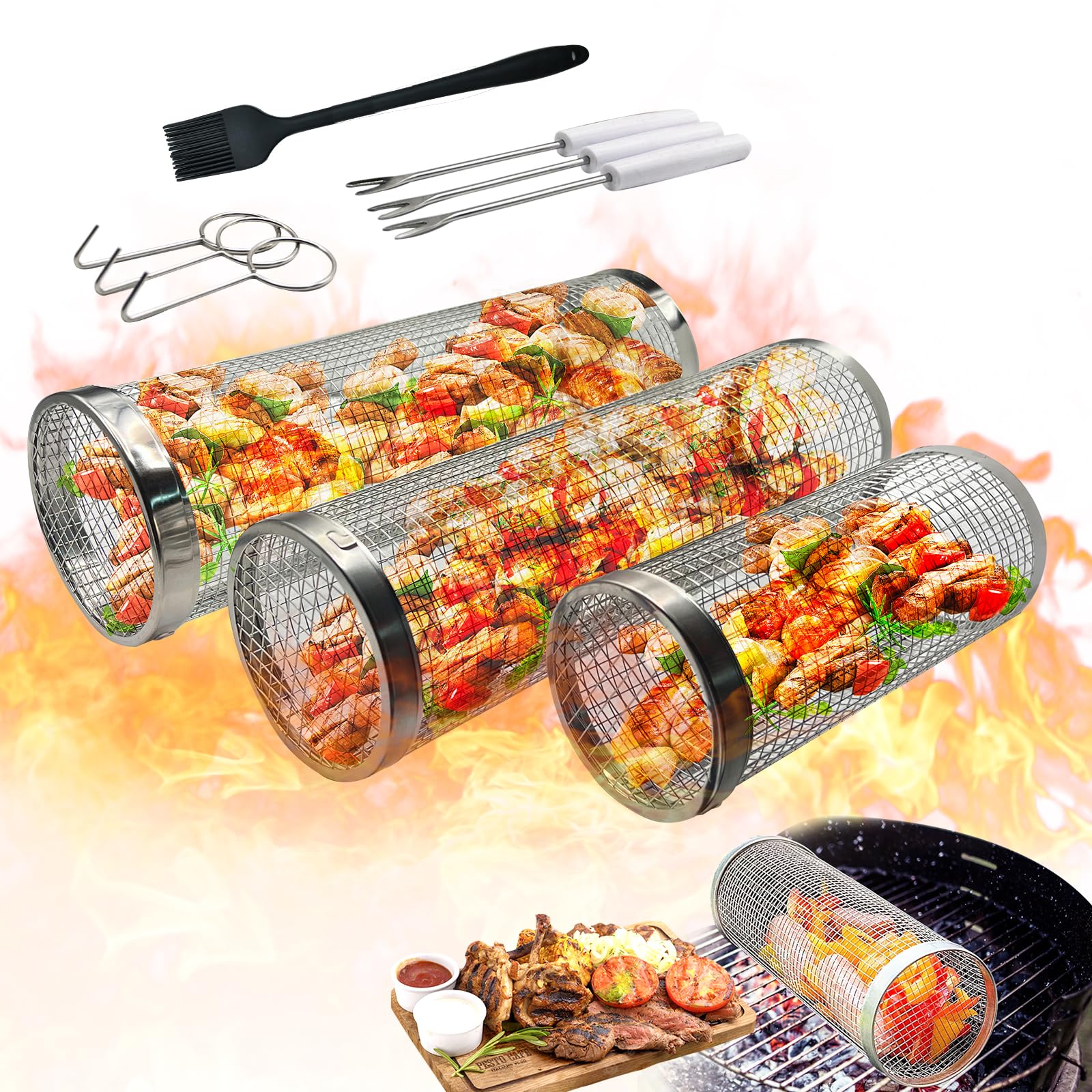 3 Pcs Rolling Grilling Basket,Barbecue BBQ Grilling,Stainless Steel Portable Outdoor Camping Rack Grill Accessories for Fish,Shrimp,Vegetables,Cooking Accessories,Gifts for Husband,Father