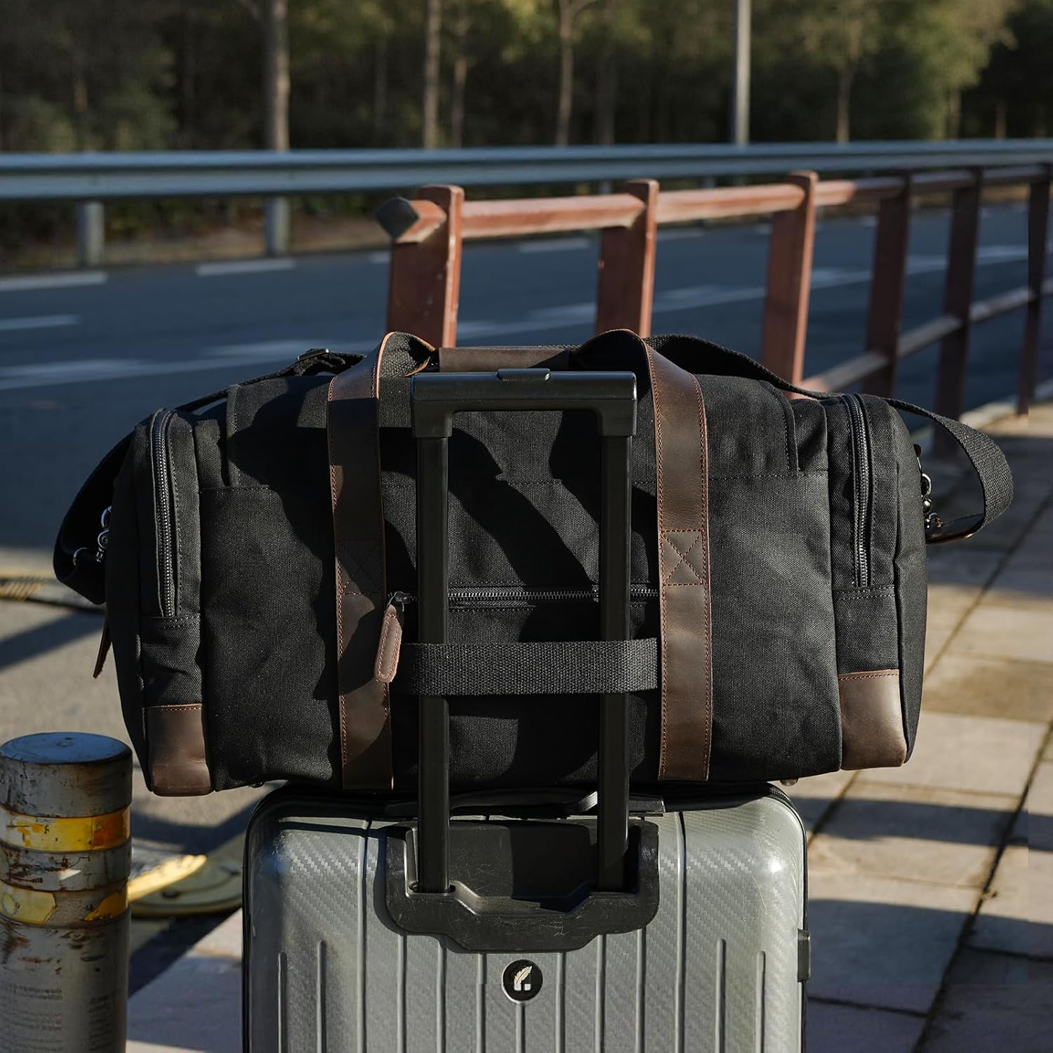 Polare Waxed Canvas Cowhide Leather Travel Duffle Bag Duffel Bag Waterproof Overnight Carry on Luggage Sport Weekender Bag For Men (Black)