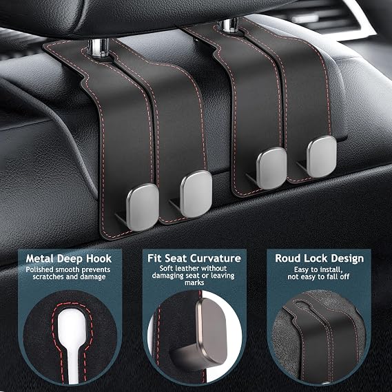 Accevo Car Seat Hooks for Headrest, Headrest Hook for Purses and Bags, 2 in 1 Car Seat Back Storage Hooks for Headrest, 2 Pack