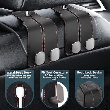 Accevo Car Seat Hooks for Headrest, Headrest Hook for Purses and Bags, 2 in 1 Car Seat Back Storage Hooks for Headrest, 2 Pack