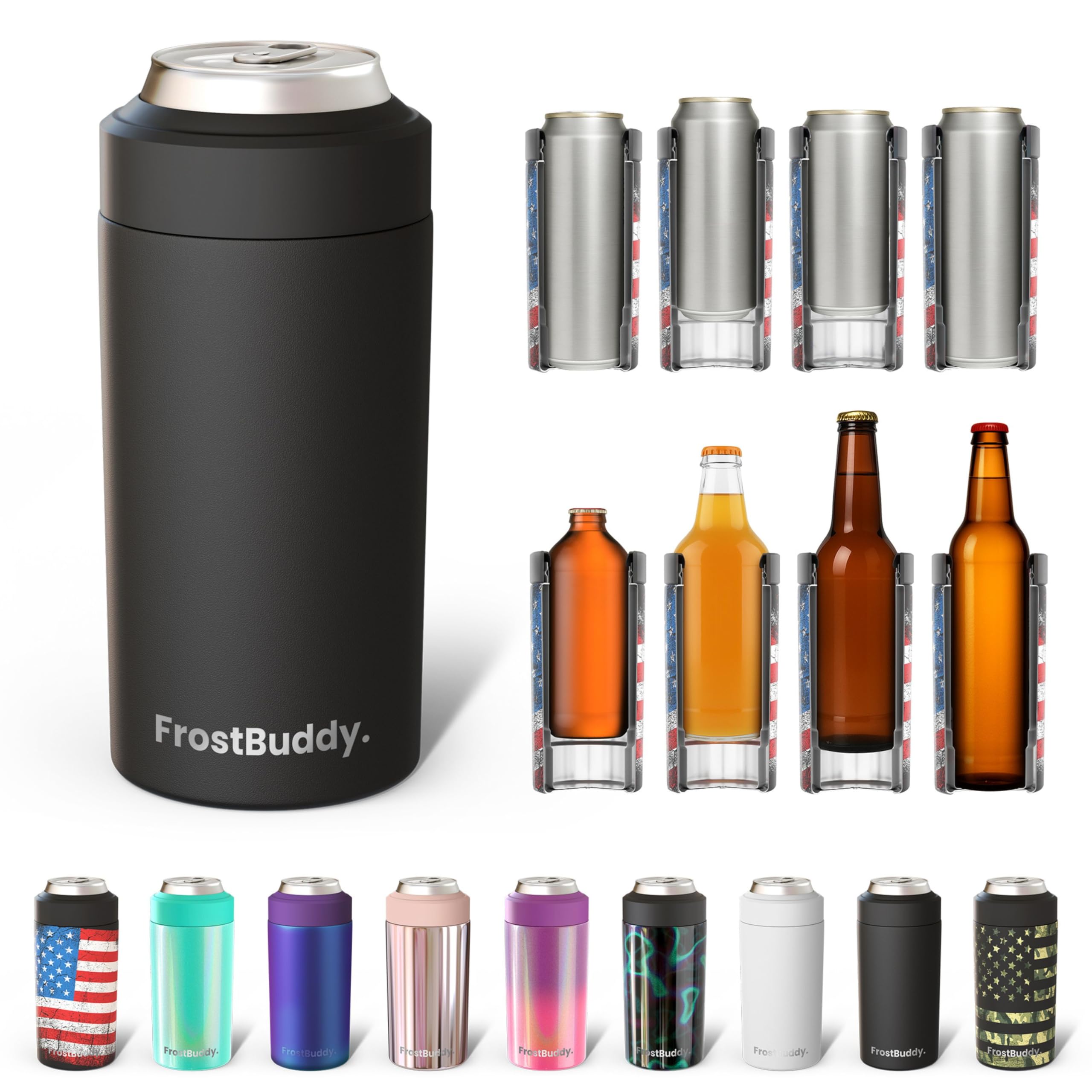 frost buddy universal can cooler - fits all - for regular 12 amp 16 oz or slim-size bottles - insulated double-walled stainless steel matteblack