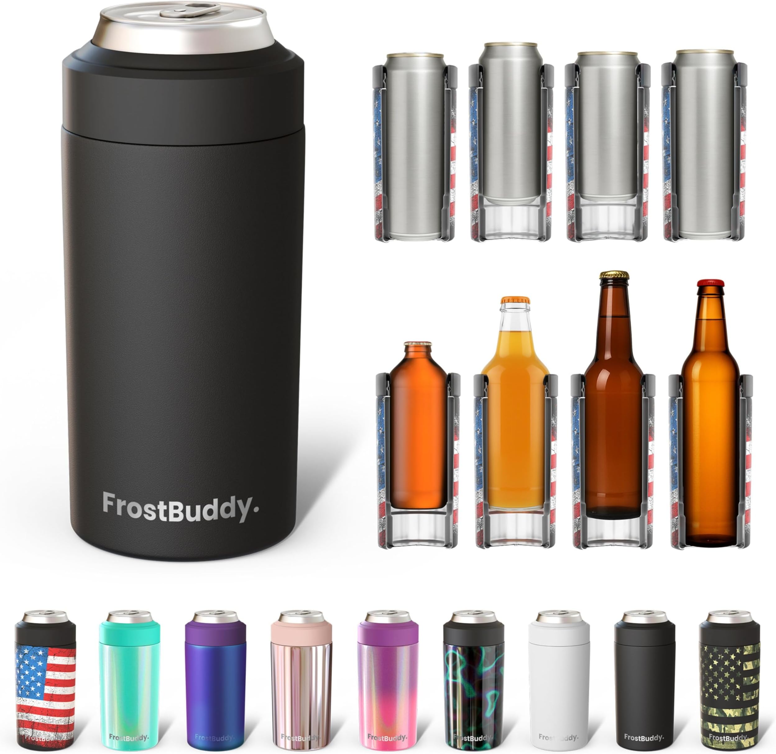 Frost Buddy Universal Buddy Can Cooler - Fits All - For Regular 12 & 16 oz or Slim-Size Bottles - Insulated Double-Walled Stainless Steel Koozie (MatteBlack)