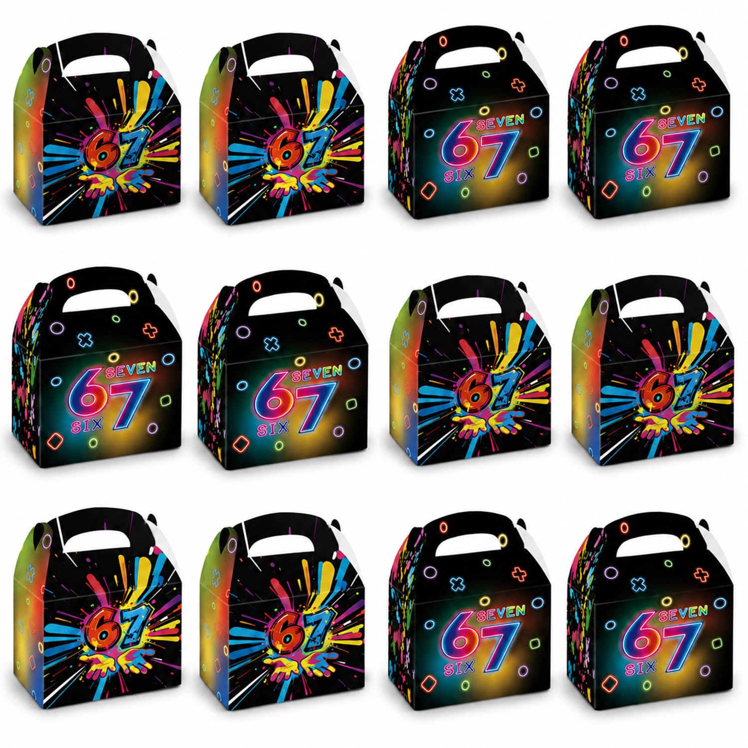 Aurelx 12 PCS 67 Gifts Kids Party Food Boxes with Handles, Thickened Paper Party Boxes with Double-sided Colorful 67 Patterns, Cardboard Lunch Box for Birthdays Holiday Graduations, 17.5 x 13.3 CM