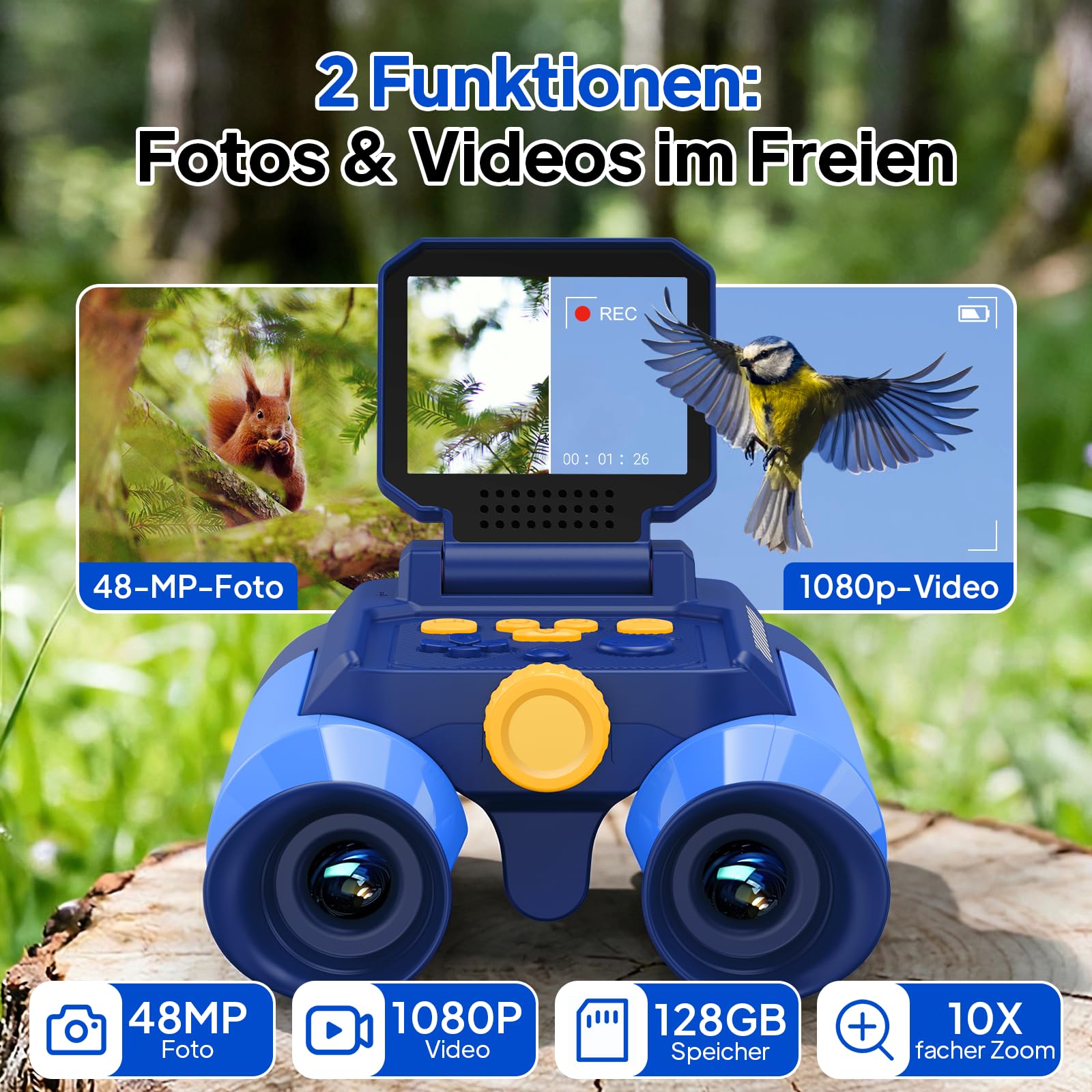 Fernglas für Kinder, Ashfly Kinderfernrohr mit eingebauter Kamera Nachtsicht, 10-facher Vergrößerung, Binoculars 200 Fotos speichern innen von 7 bis 99 Jahren - Deutsche Version Blau