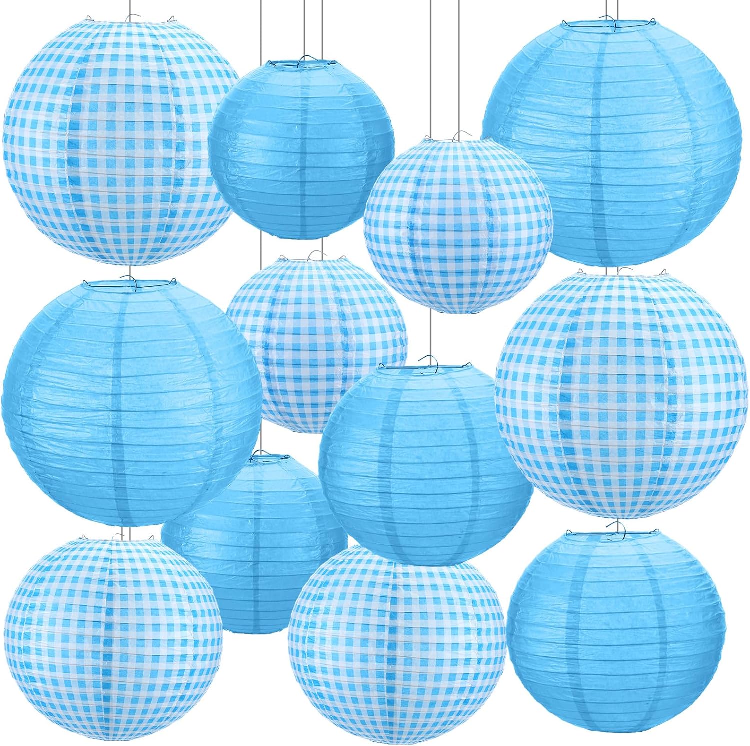 12 Pcs Pink Gingham Party Decoration Pink and White Paper Lanterns Checkered Plaid Hanging Chinese Round Paper Lanterns for Baby Shower Graduation Birthday BBQ Wedding Picnic Home Decor