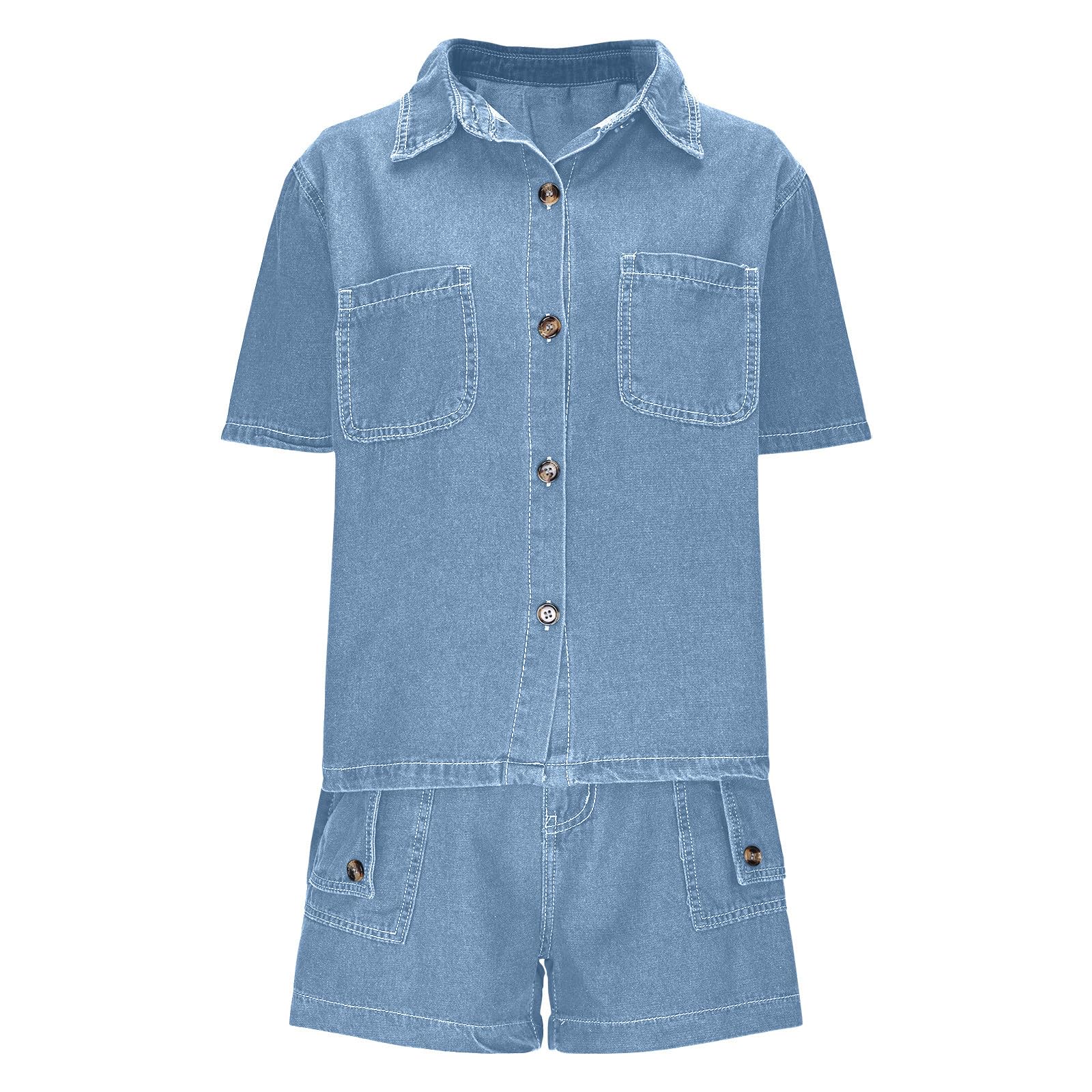 Completo da Due Pezzi da Donna Y2 in Denim, Coordinato, Camicia a Maniche Corte, Pantaloncini di Jeans a Vita Alta, Completo Estivo da Salotto, Camicia in Denim con Bottoni, pantal
