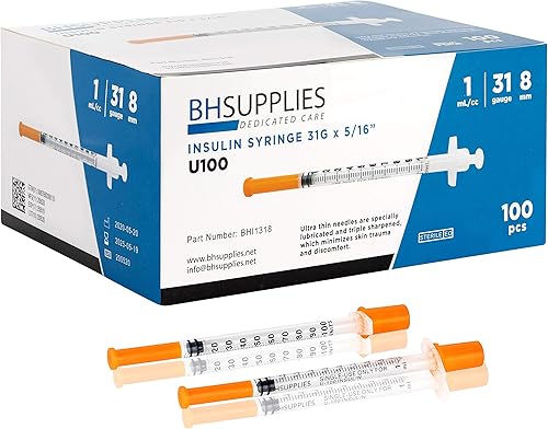 BH Supplies Jeringas de insulina U-100 31G 0.0 fl oz/cc 5/16" (8mm) Paquete de 100 unidades