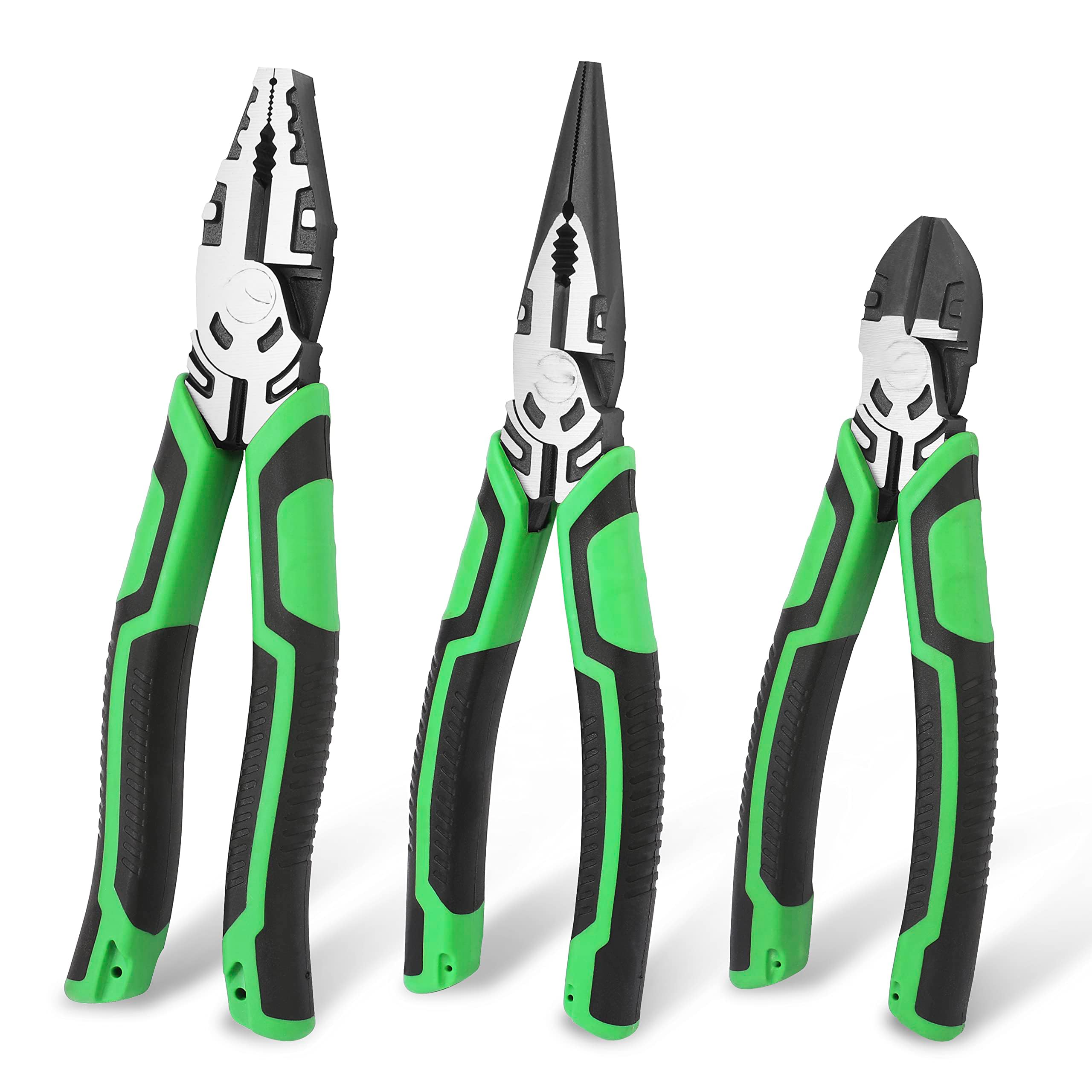 TERRIFIPliers Set, Premium Cr-V Construction, Heavy-duty Pliers Tool Set, with 8 Inch Linesman pliers, 8 Inch Needle Nose pliers and 6 Inch Diagonal Cutting pliers for Basic Repair, 3 Pack