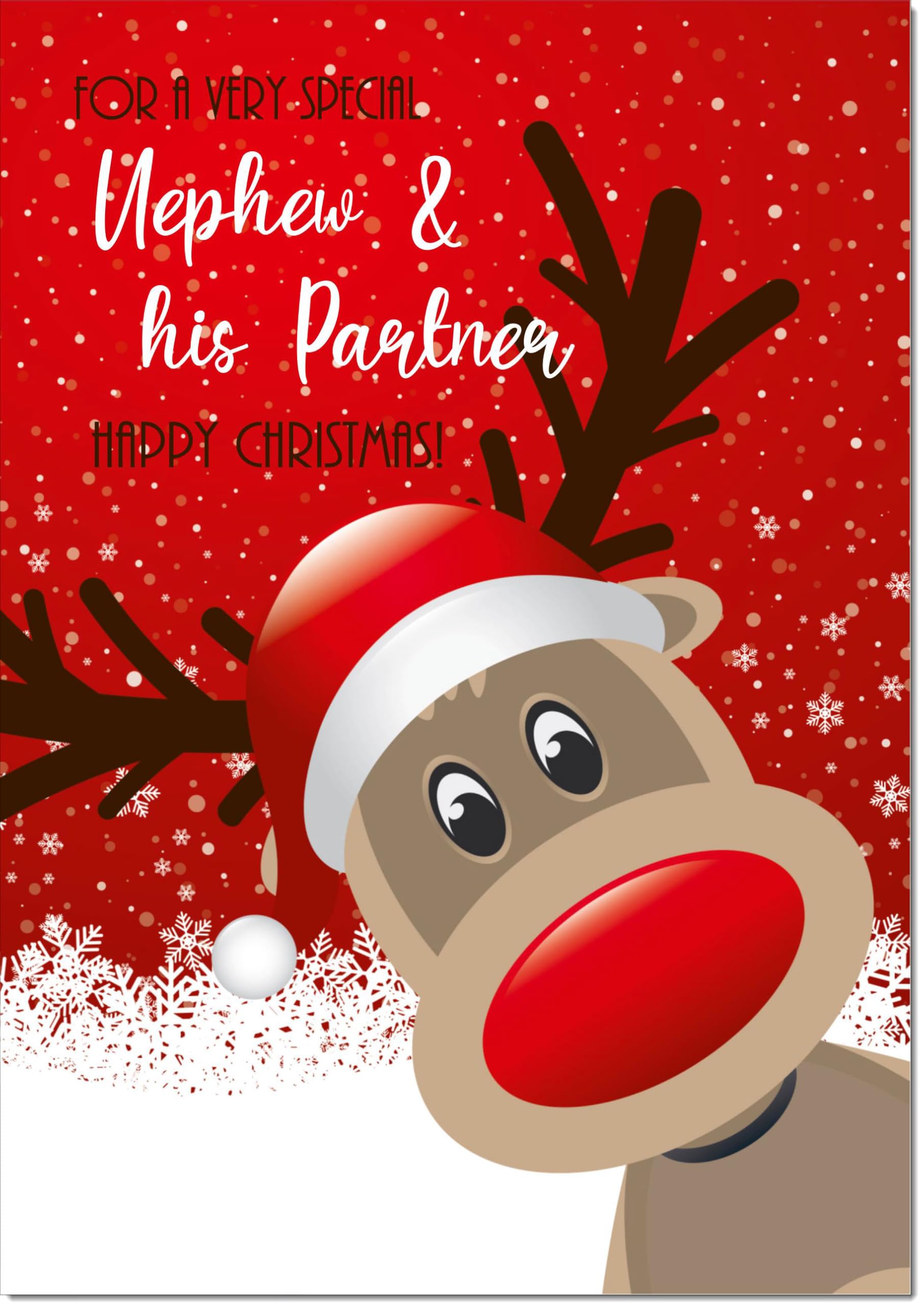 doodlecards Nephew and Partner Christmas Card Rudolph in Snow Large A4 Size Christmas Card for Nephew & Partner with Plain Envelope — image 1