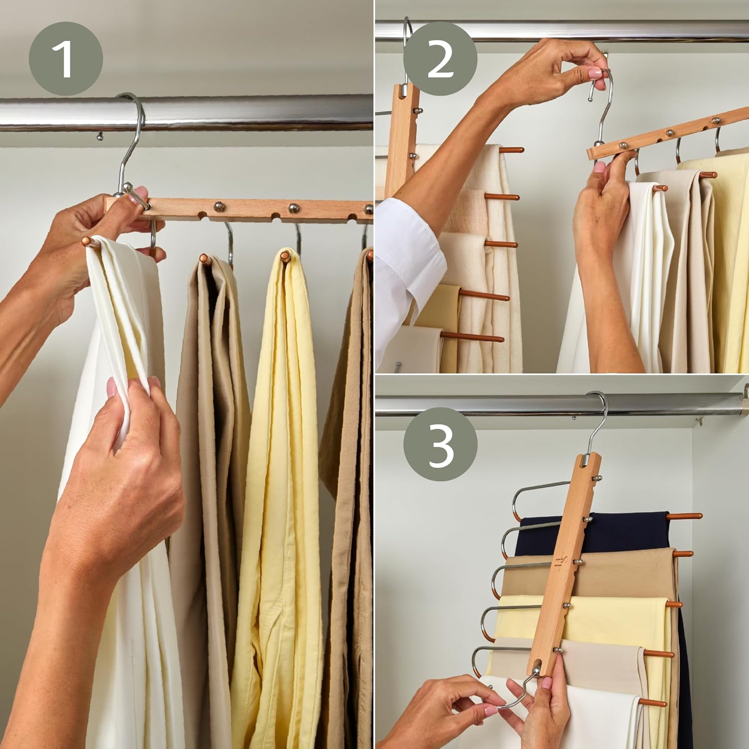 HANGSAGE Pants Hangers, 1-Pack Space-Saving Beechwood & Metal Jean Holder, 5-Tiers, 360° Swivel Hook & Non-Slip Rods, Elegant Closet Organizer