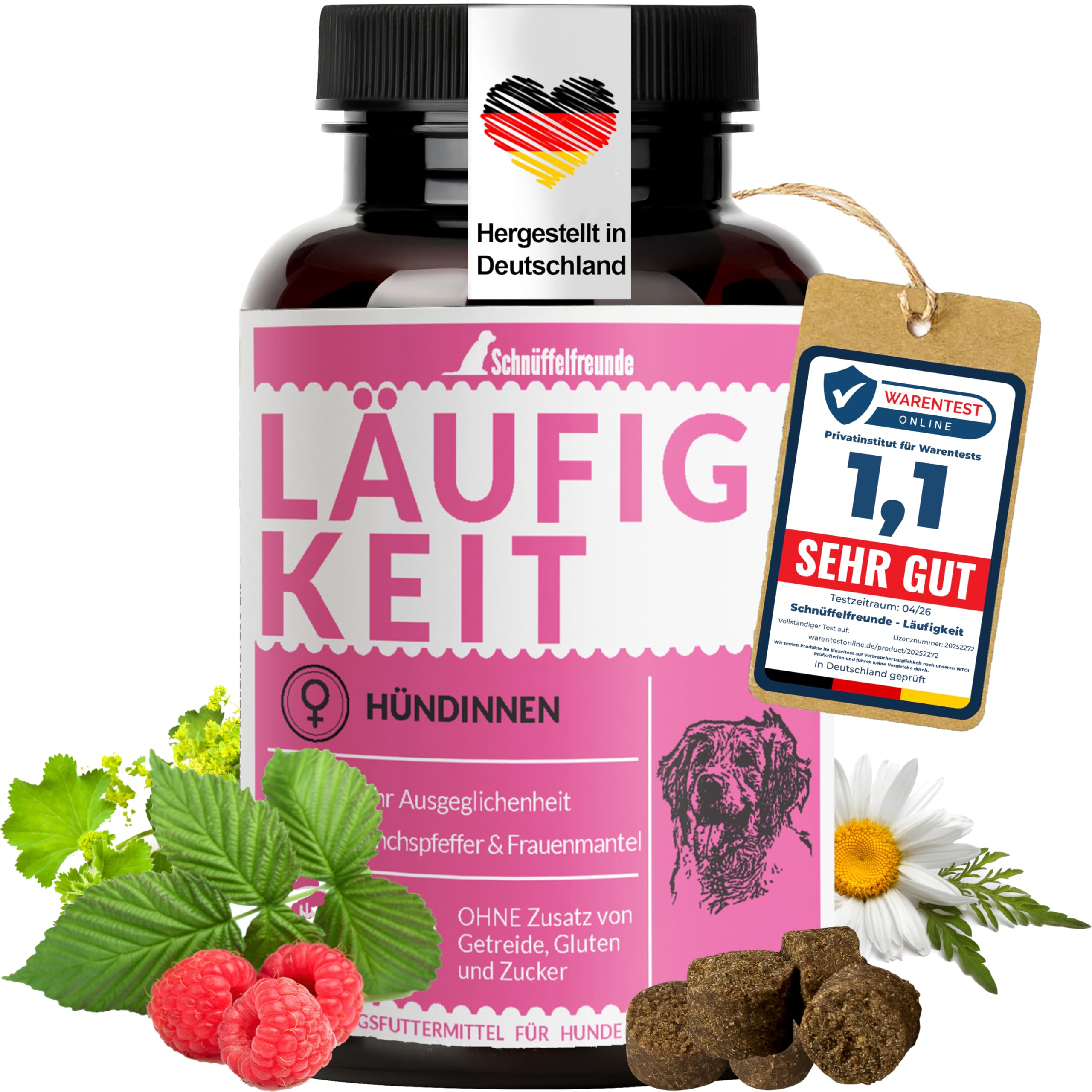 Läufigkeit Drops für Hunde I für den Hund im Zyklus I scheinschwanger scheinträchtig I mit Mönchspfeffer, Frauenmantel, Himbeerblätter, Baldrian (150g - ca.180 Stück)