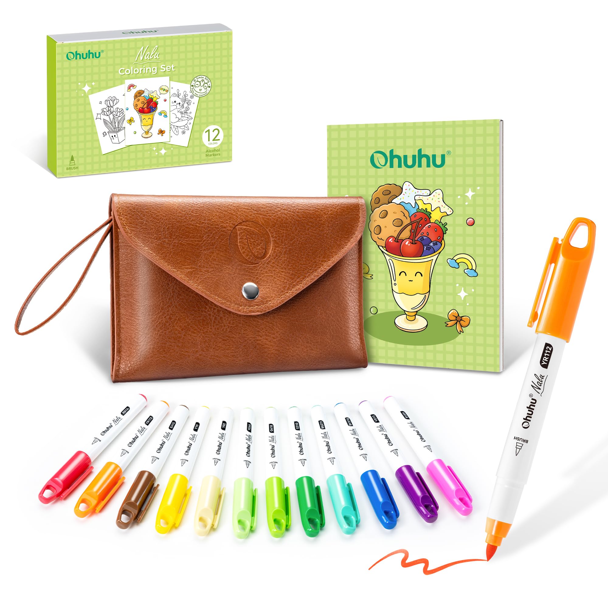 Ohuhu Mini Alcohol Markers Brush Tip, 12 Colors Killing Time Reusable PU Pocket Travel Set - Vibrant & Seamless Blending Art Markers with A Coloring Book for Adult, All-in-One Travel Coloring Kit