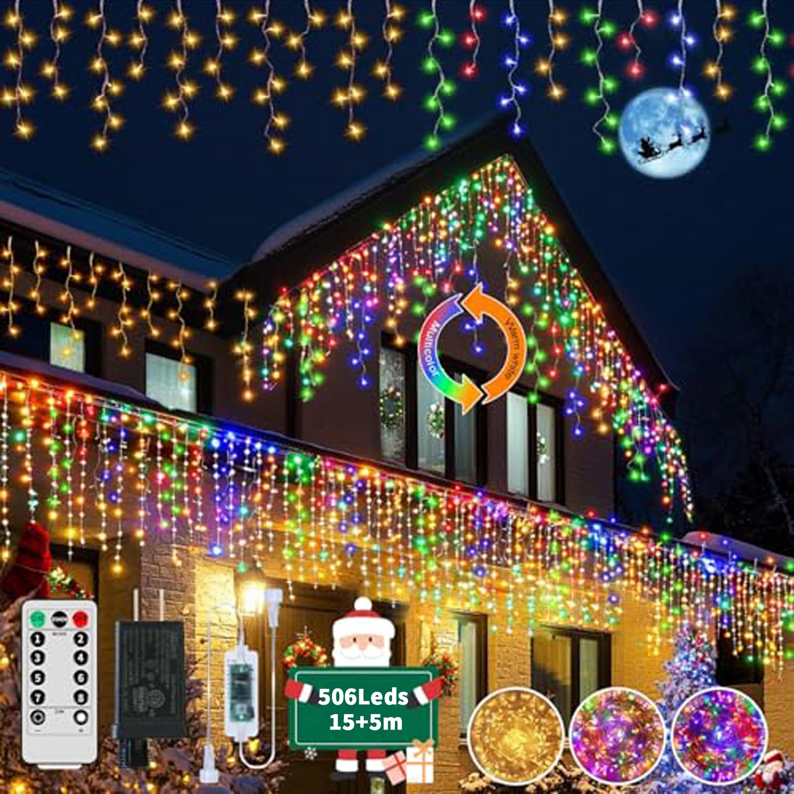 GCMacau 3 EN 1 Cortina Luces Navidad Exterior,15m+5m 506LED Cascada de Luces Navideñas con Mando a Distancia Temporizador 8 Modos, IP65 Impermeable Luci di Natale para Navidad, Ventana, Balcón, Bar