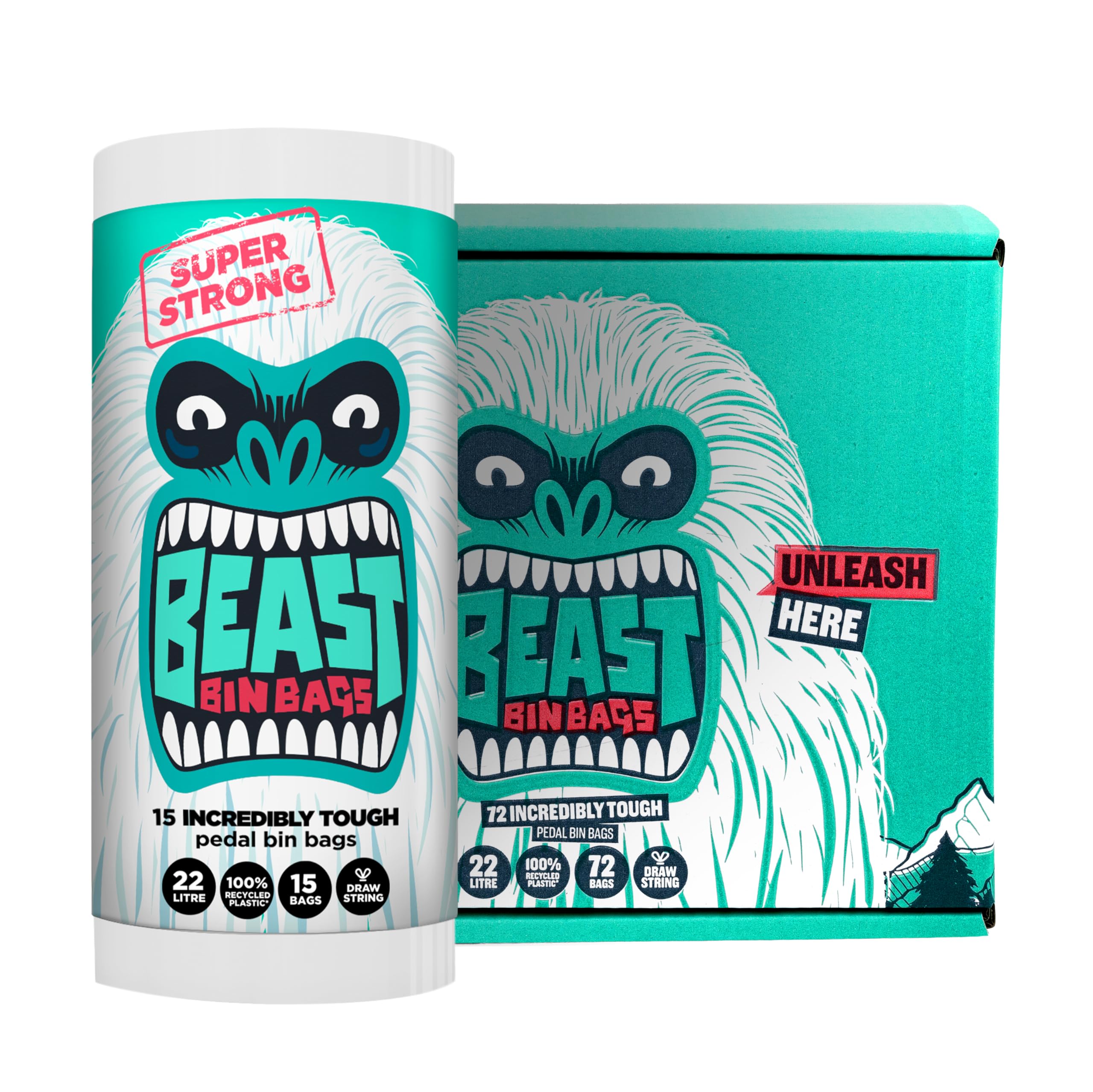 BEAST BIN BAGS 22L Pedal Bin Bags with Drawstring Handles (72 Total Bags) - Monstrously Strong, Made from 100% Recycled Plastic, White Kitchen Bin Liners for Pedal Bins
