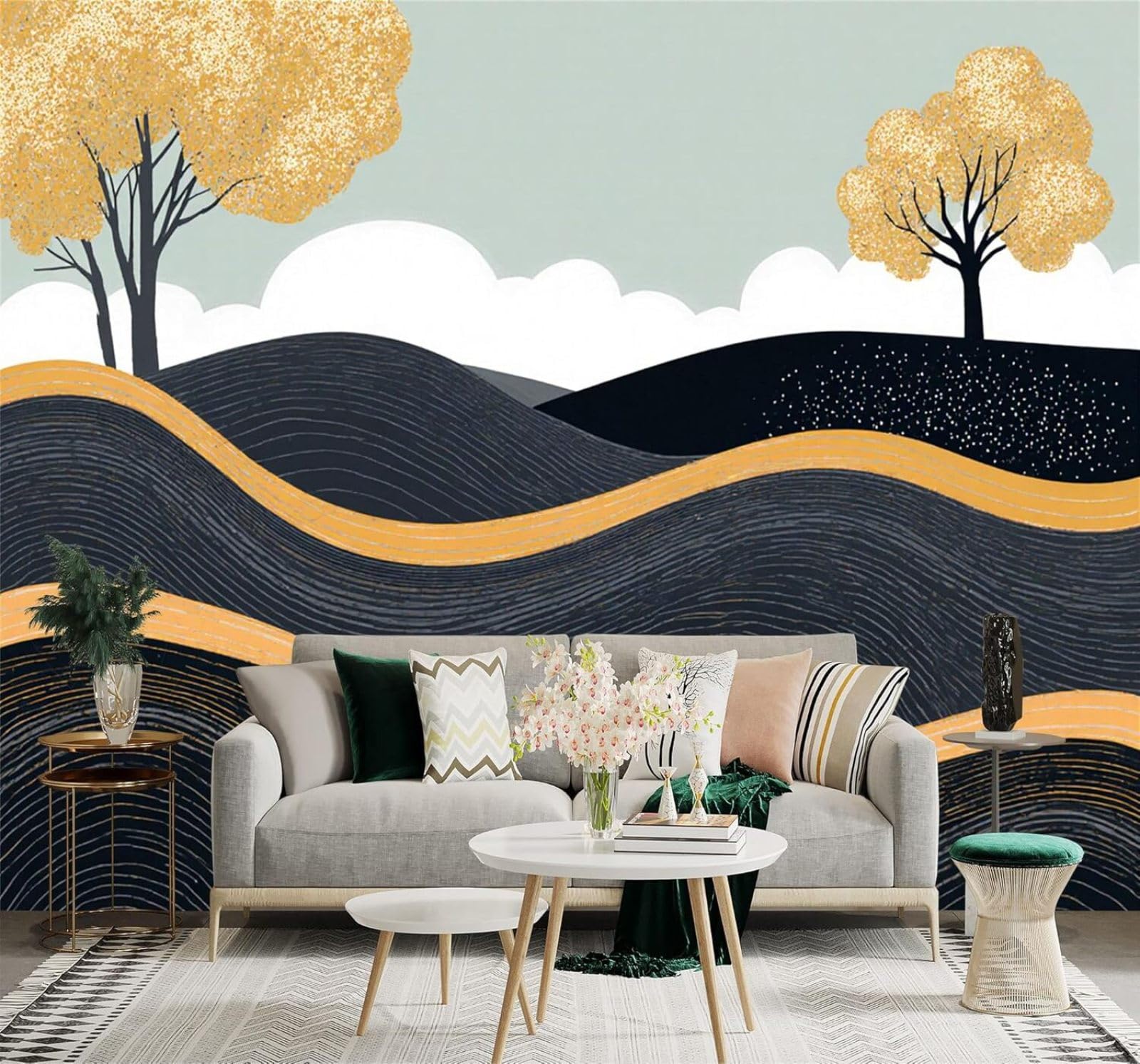 XLMING Abstract Minimalist Landscape Golden Trees Rolling Hills 3D Wallpaper Silky Texture Home Study Office Grey Dining Room Sofa Bedroom Living Room TV Backdrop-350cm×256cm