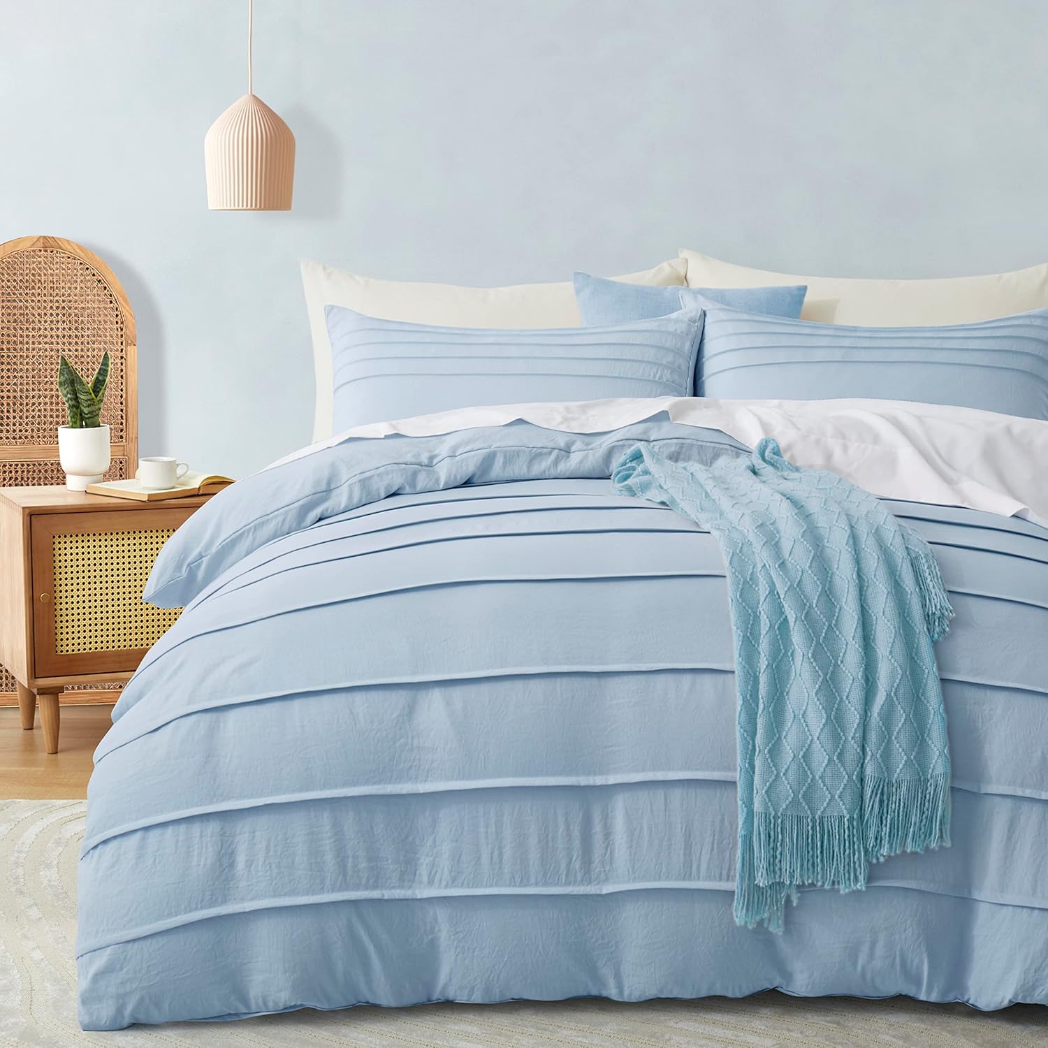 Oli Anderson Airy Blue Duvet Cover Queen Size Pleated Queen Duvet Cover, 3PCS Soft