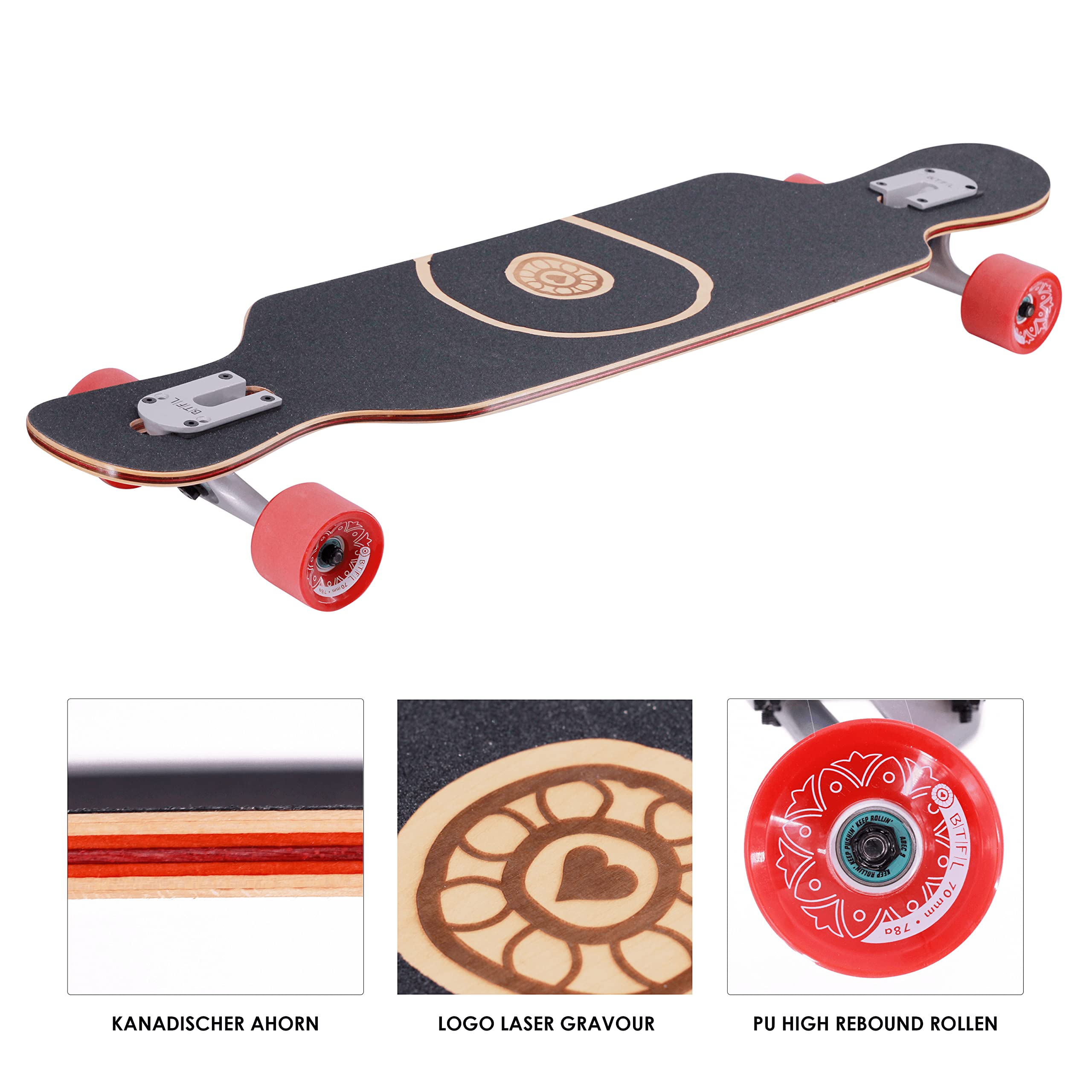 BTFL Drop-Through Longboard Skateboard für Mädchen, Komplett-Board mit ABEC 9 Kugellager, Cruiser für Anfänger und Fortgeschrittene: Chloe, Flora, Malou, Polly3, Yuva, Kayla, Keanu