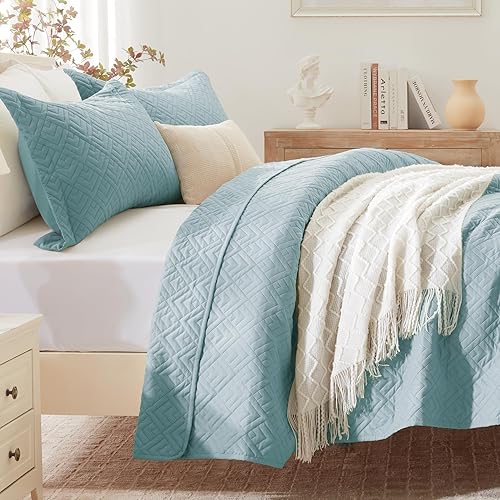 Miniatura 2 de EXQ Home Juego de Edredón Tamaño FullQueen Azul Coral de 3 Piezas, Cobertor Ligero y Suave de Estilo Moderno con Patrón de Cuadrados, Juego de
