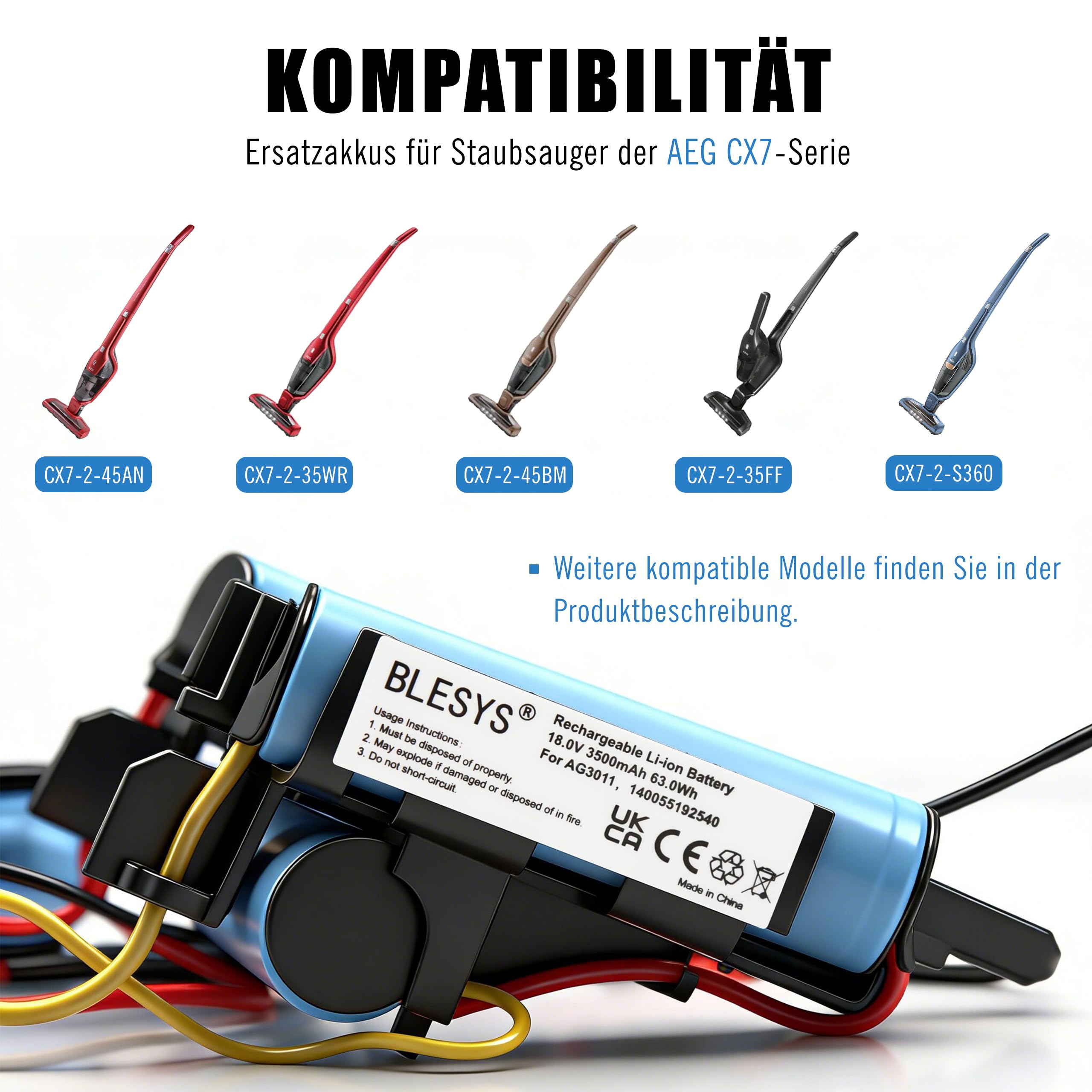 BLESYS 18V Akku für AEG Electrolux CX7 Serie, kompatibel mit 140055192540