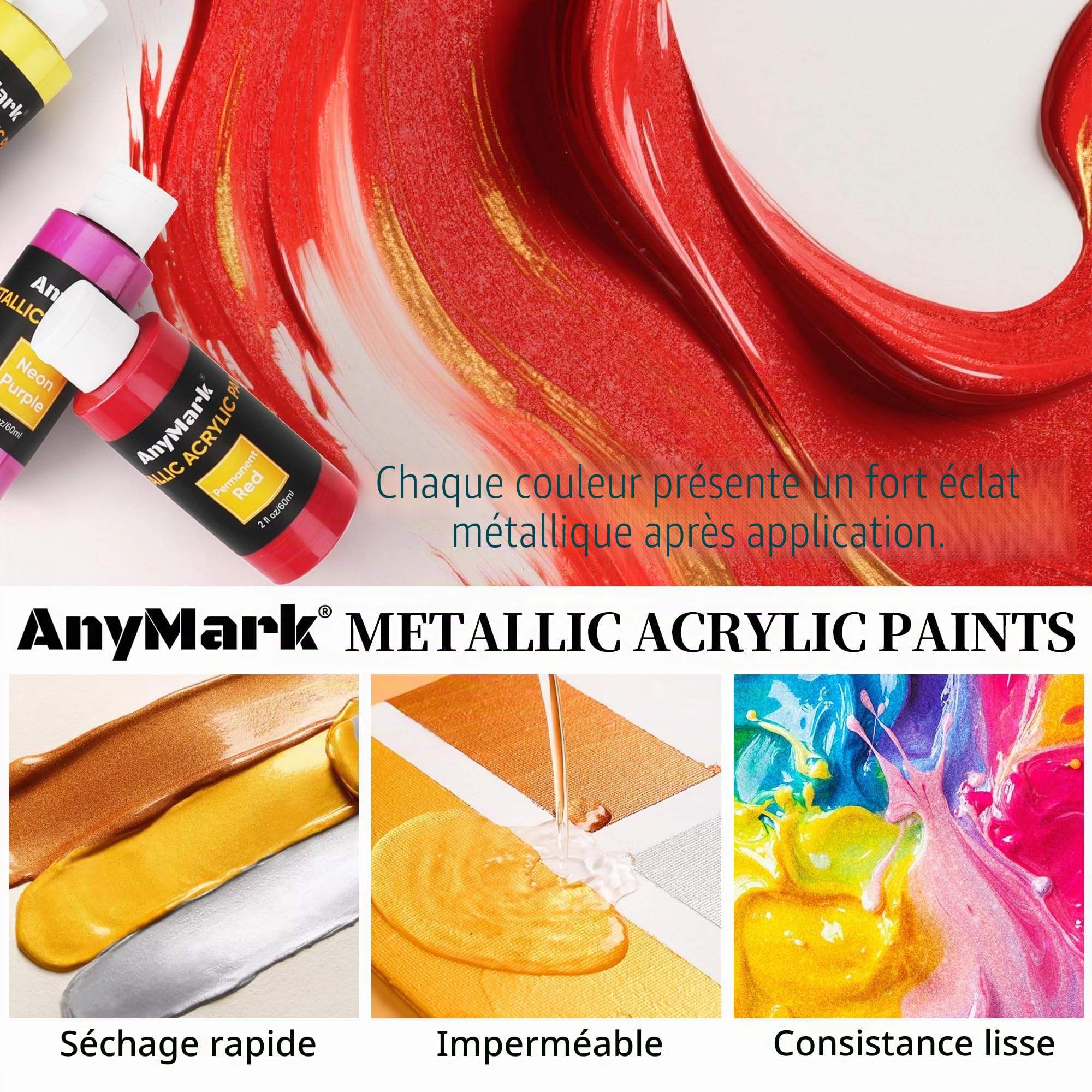 AnyMark Peinture Acrylique Métallique, 36 Couleurs avec 12 Pinceaux