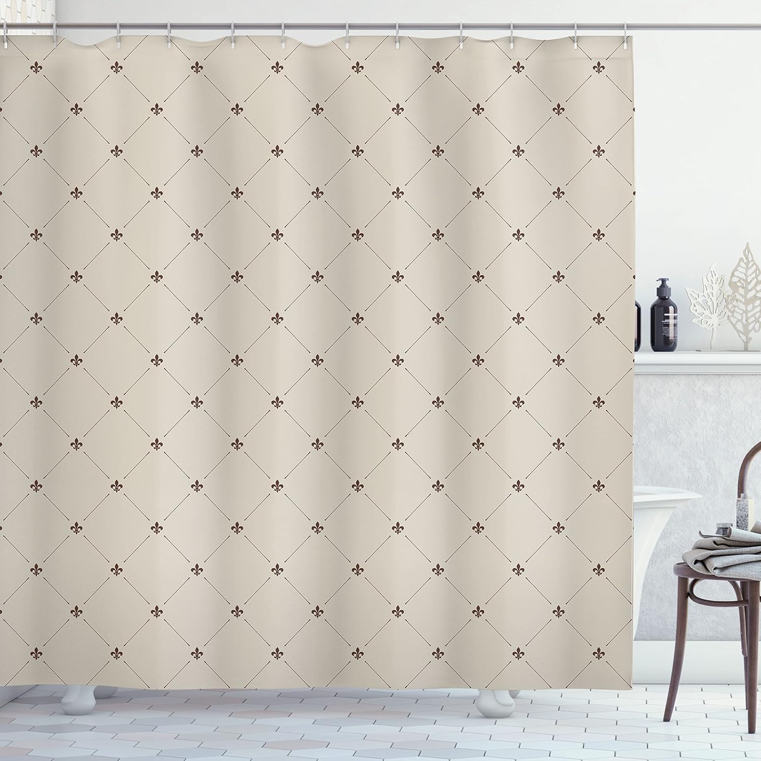 Ambesonne Fleur De Lis Shower Curtain, Shabby Form Style Damask Pattern with Vintage Geometric Diamond Lines, Cloth Fabric Bathroom Decor Set with Hooks, 69" W x 75" L, Beige Brown