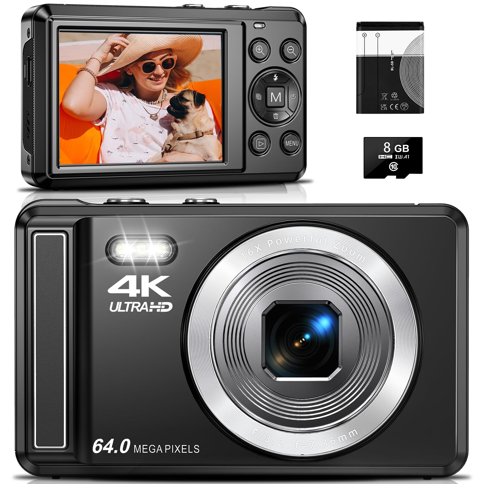 Digitalkamera 4K 64MP, 2.8 Zoll UHD Autofokus Kamera fotokamera, Micro-SD-Karte & Akku,16X Digitalzoom Wiederaufladbare Tragbare Kompaktkameras mit für Anfänger Jugendliche