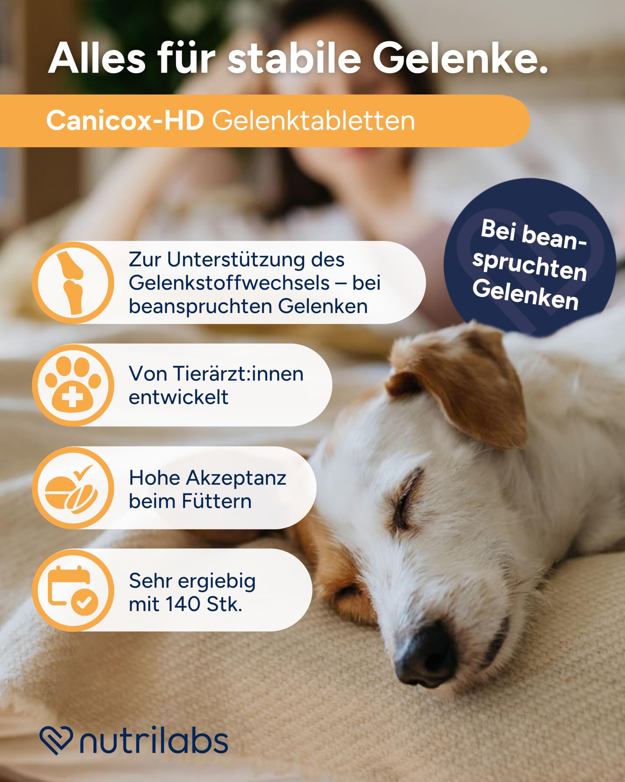 NutriLabs Canicox-HD Gelenktabletten für Hunde 140 Stk. - mit MSM, Chondroitin, Hyaluronsäure, Glucosamin & Teufelskralle - Gesundheitsprodukte für Hunde - Nahrungsergänzungsmittel Hund