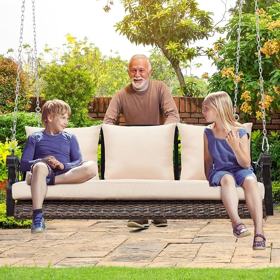 ZZW 3-Person Wicker Porch Swing Chair Heavy Duty 900 LBS Outdoor Rattan Patio Swing Chair w/Cup-Holder & Steel Chains Hanging Bench Porch Swing Cushions for Deck & Backyard & Garden