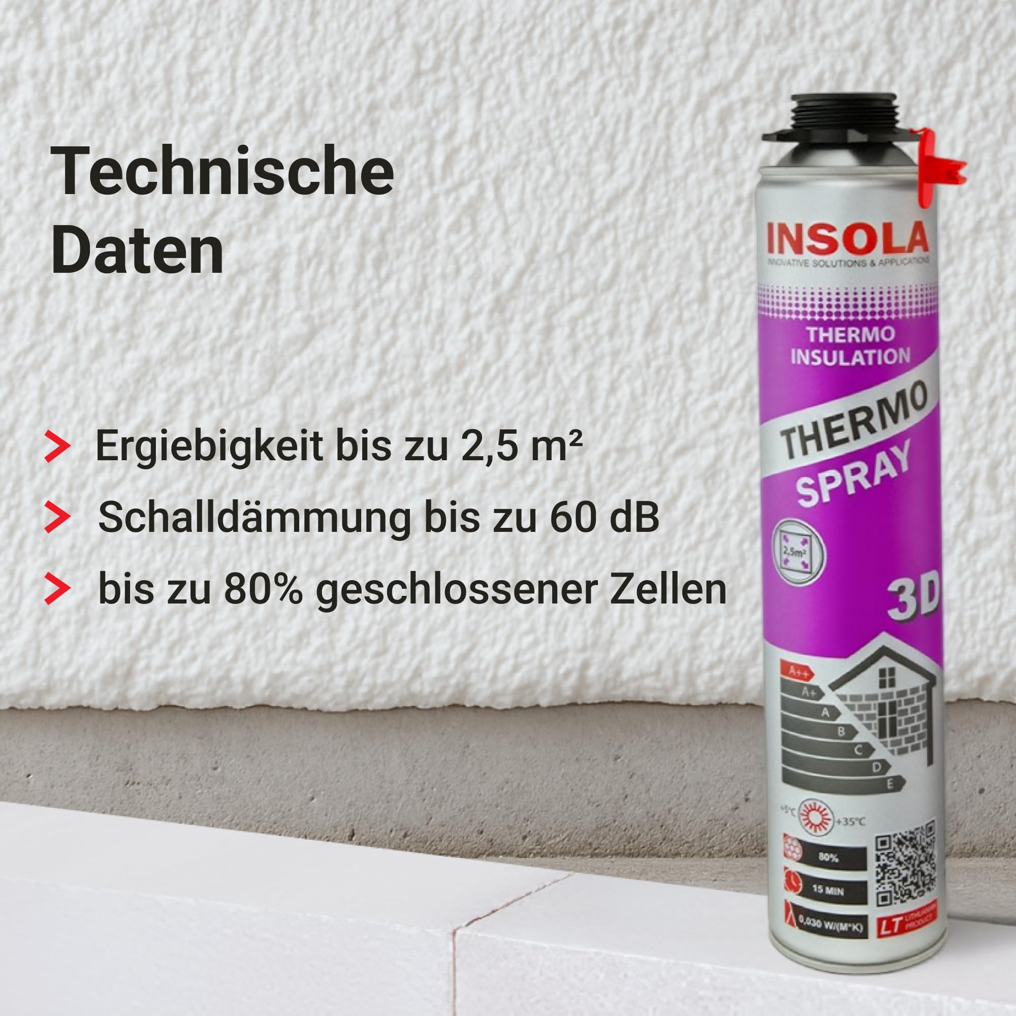 Sprühdämmung 850ml PU-Sprühisolierung INSOLA Thermo Spray 3D Isolierschaum Wärmedämmung Schallschutz Sprühschaum für schwer zugängliche Stellen Bau Innen Außen