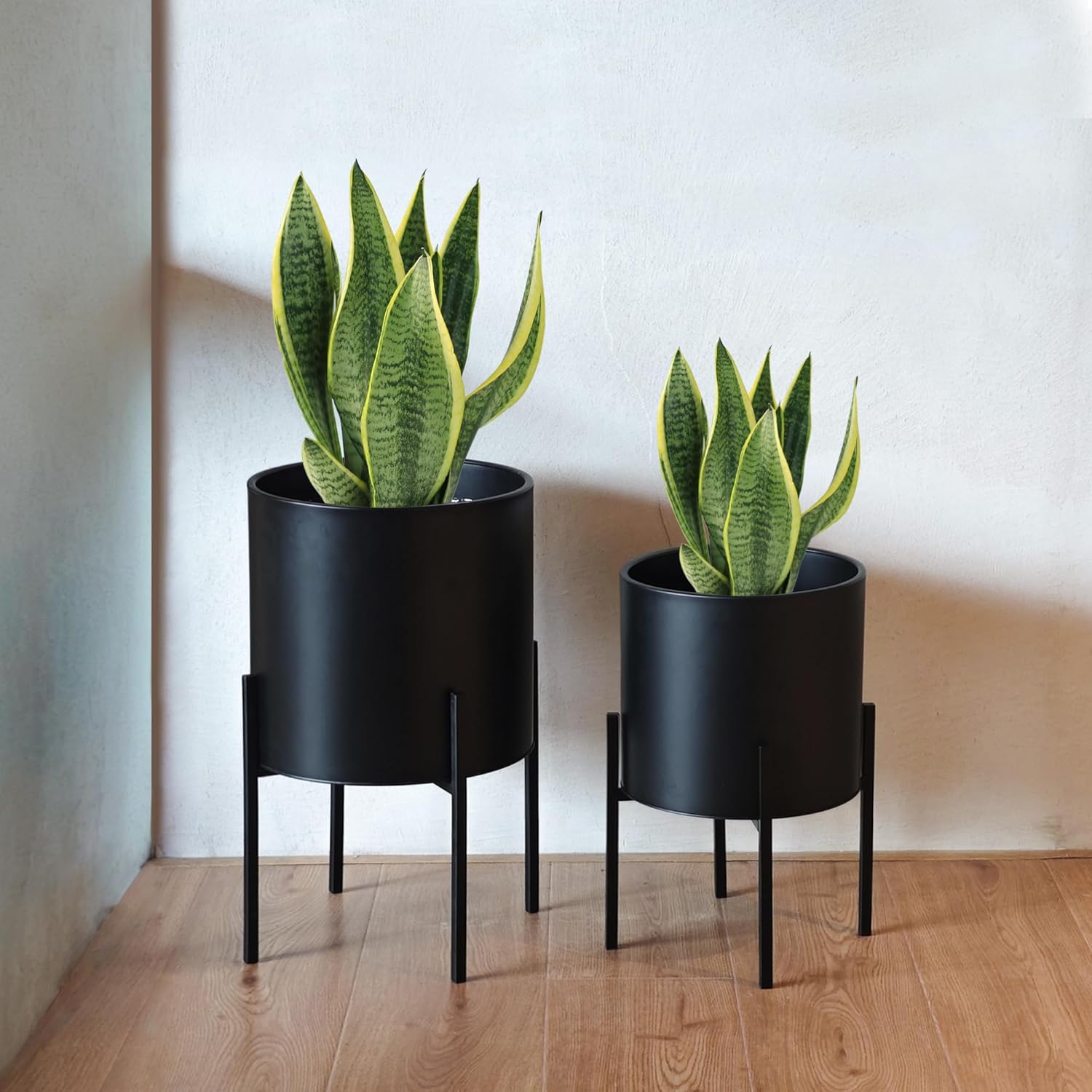 ARNIS Modern Plant Pots, Large Planters with Stand, Set of 2 Decorative Planters, Metal Plant Pots with Drainage Holes for Living Room, Office, Garden or Balcony, 10.5 &12.25 Inch, Black Black 10.5 &12.25