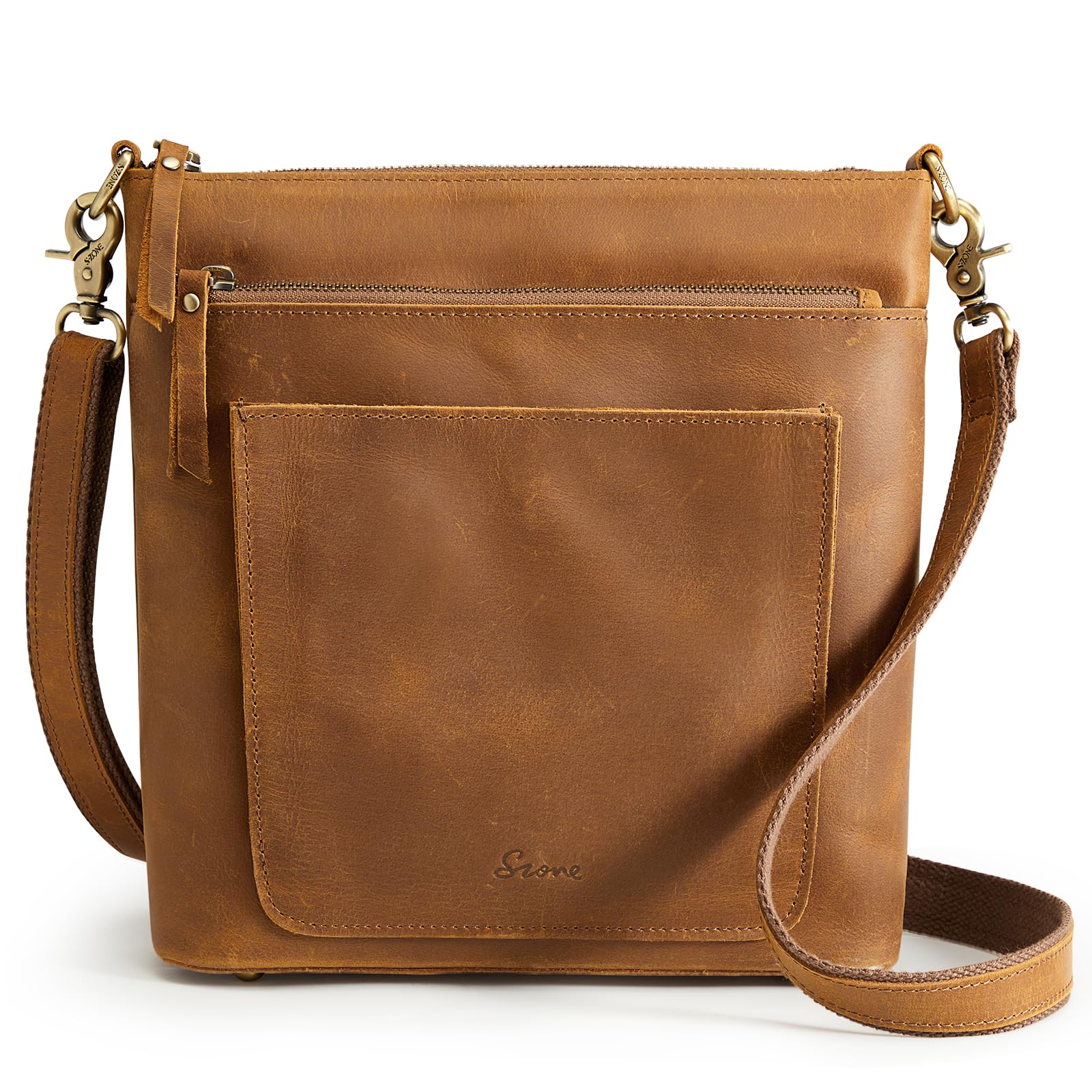 S-ZONE Leather Crossbody Bag for Women Vintage Cross Body Bags Shoulder Purse Ladies Medium Handbag with Multi Pockets
