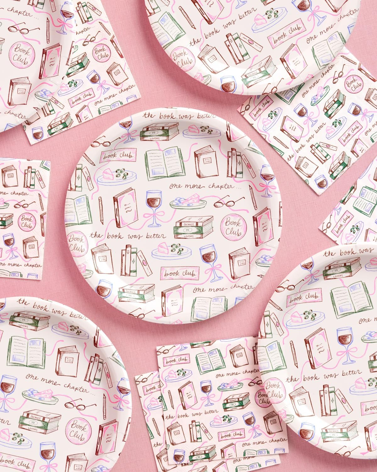 xo, Fetti Book Club Plates - 25 Paper Plates, 9" | Book Lover Party, Literary Theme, Girls Night, Reading Decor, Bookish, Matte, Illustrated