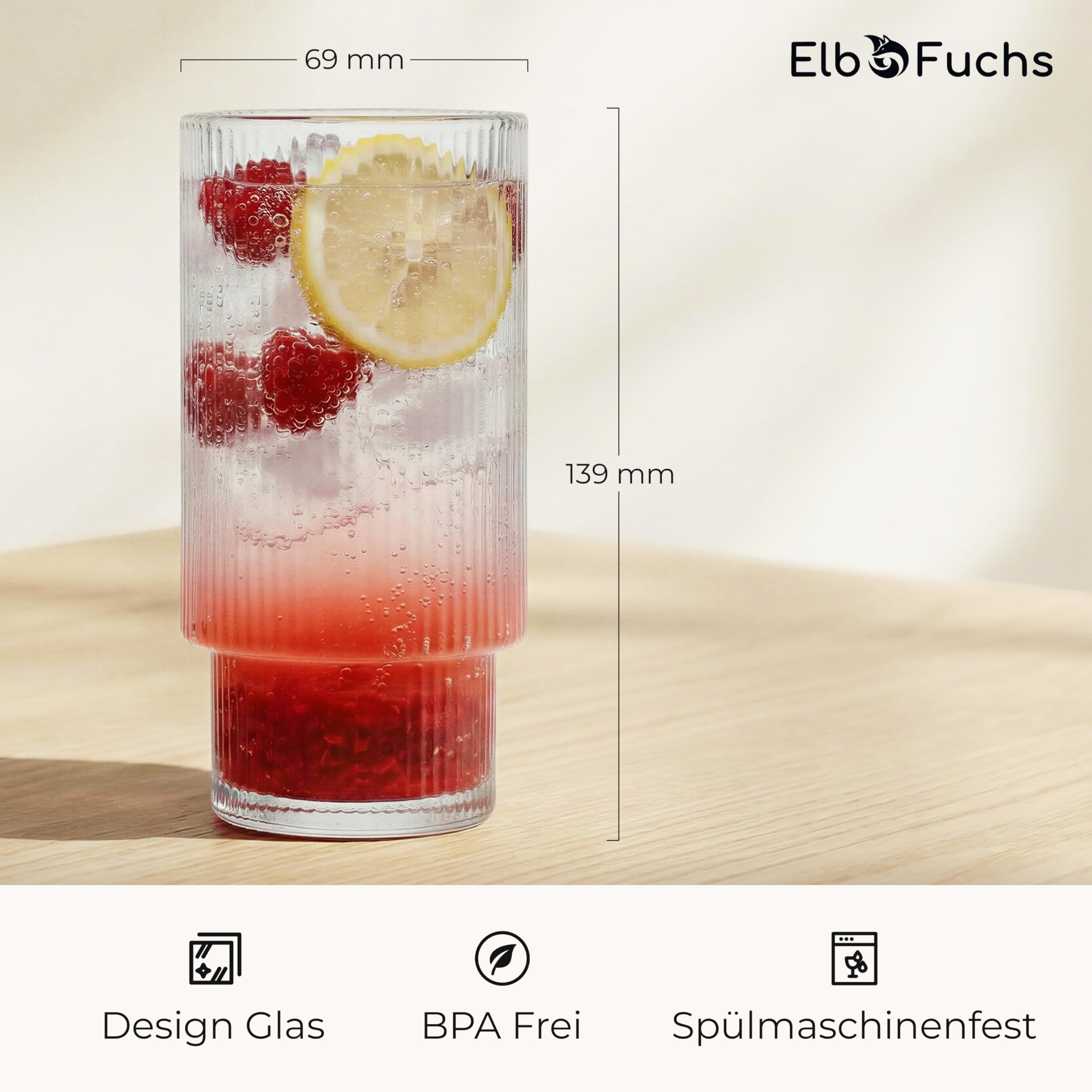 ElbFuchs Szklanki do napojów zestaw 4x 310 ml - ryflowane szklanki highball ze szklanymi słomkami, do koktajli, wody, kawy mrożonej i matchy