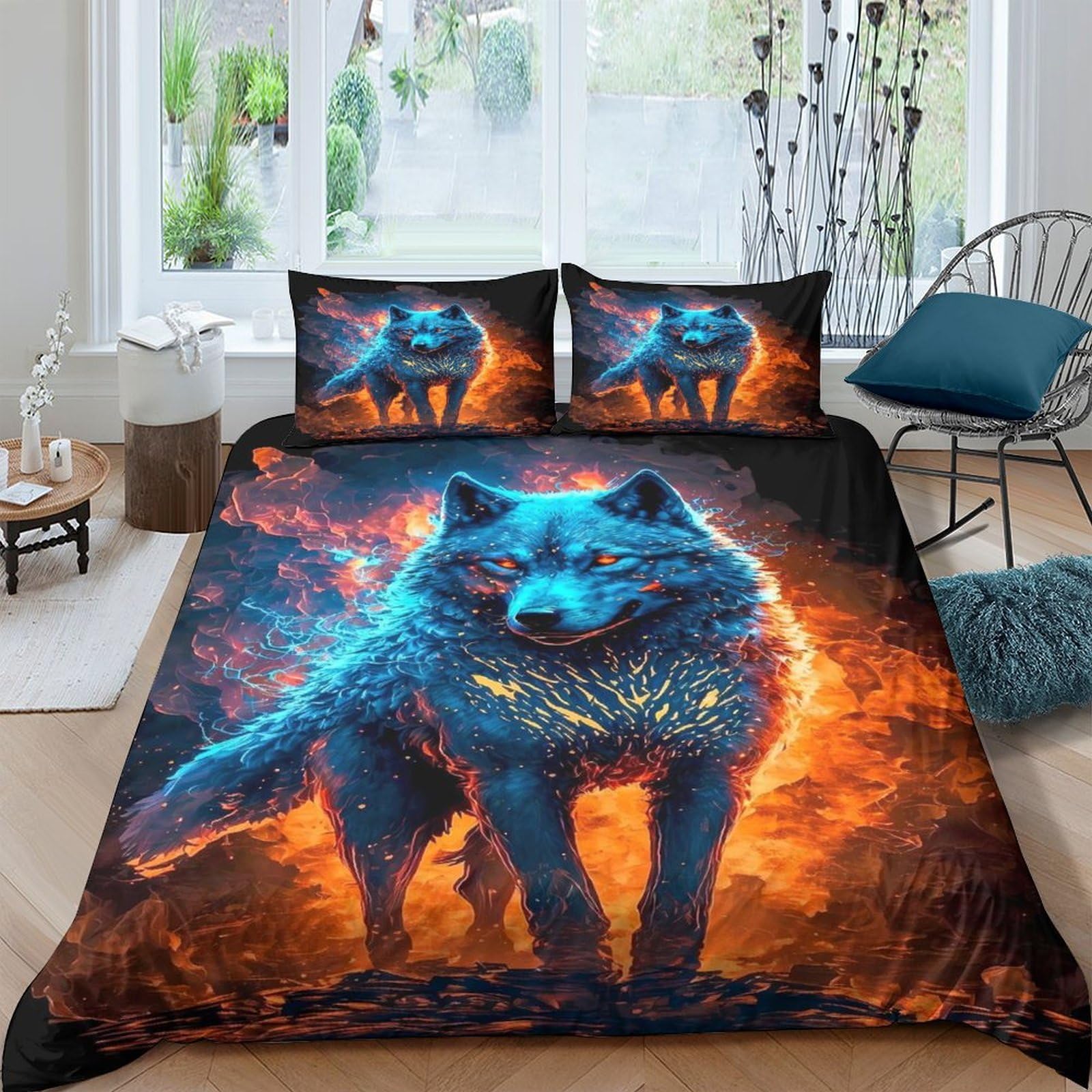 Ctjqhvkz Style-1 3D Printed Blue Fire Wolf Fitted Sheet Microfiber Soft Artistic Orange Wolf Bed Cover For Bedroom Dorm Decor Single（135X200cm）