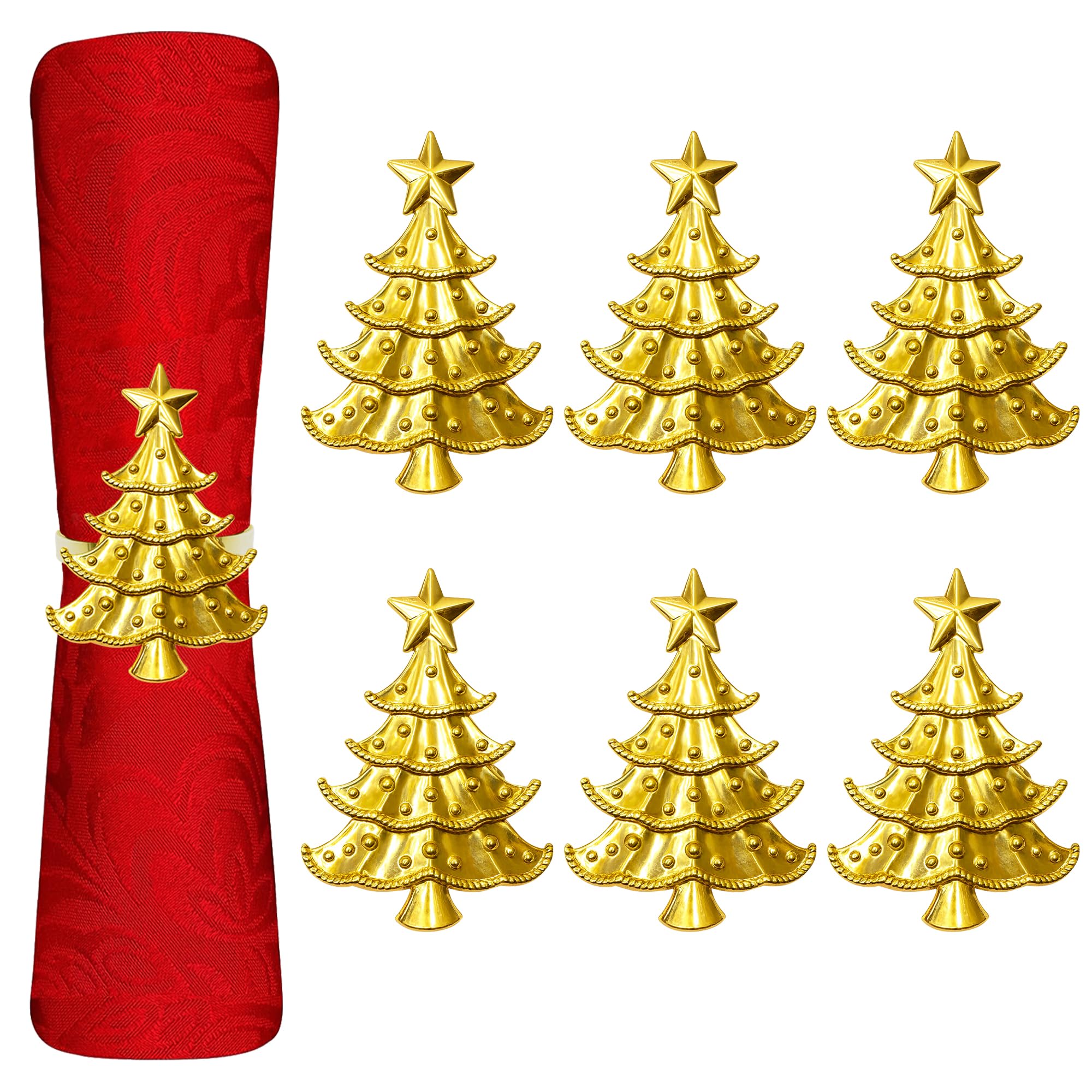 Trimming Shop Tree Design Napkin Rings, Star Topped Christmas Tree Napkin Holder, Xmas Serviettes for Christmas Dinner Table Decoration, New Year, Parties, Gold - Pack of 6