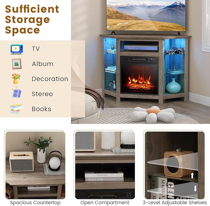 Mueble esquinero para TV con chimenea eléctrica COSTWAY, 50 pulgadas miniatura 5