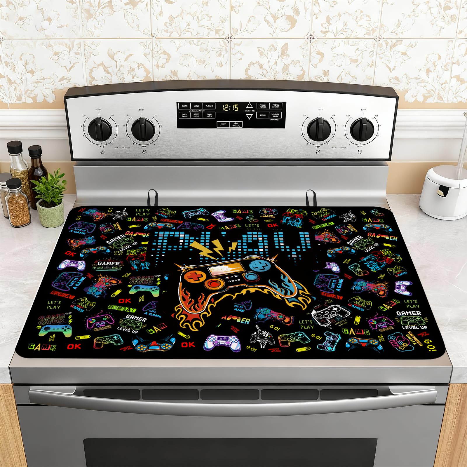 Game Stove Top Cover for Electric Stove 28"x20", Gamer Ceramic Stove top Cover, Video Games Heat Resistant Glass Cooktop Cover, Flat RV Range Stovetop Protector, Dish Drying Mat for Kitchen