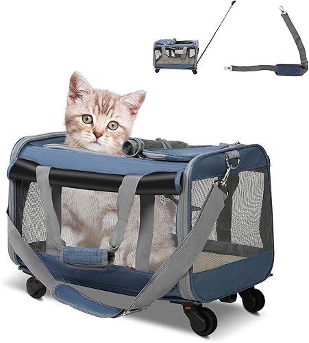 LUCKYERMORE Transportador plegable para mascotas con ruedas para gatos pequeños perros cachorros de hasta 27.5 libras, bolsa portátil para gatos