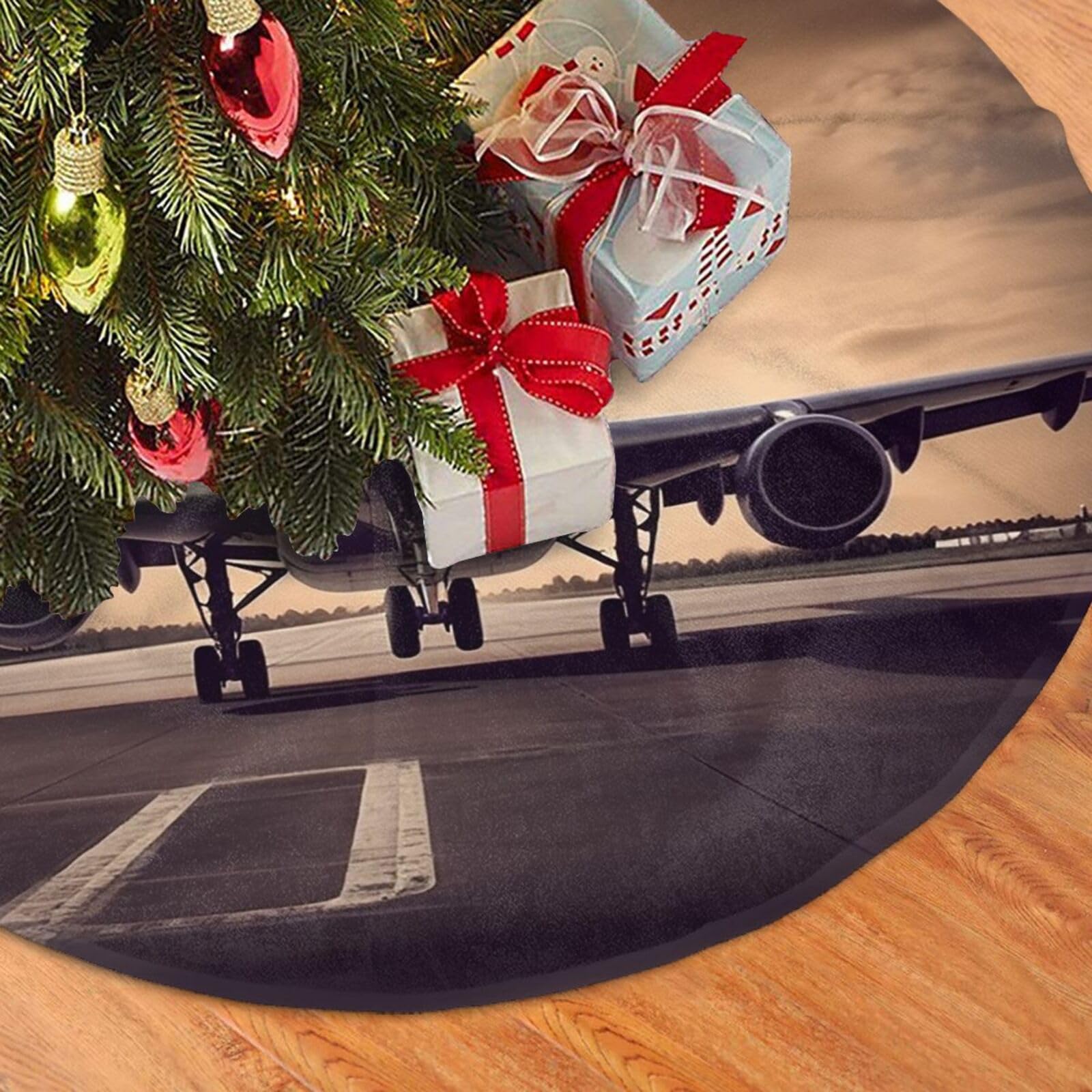 Fodpand Black Airplane Christmas Tree Skirt 48" Velvet Xmas Tree Skirt Mat Rustic Christmas Tree Mat Cover Winter Xmas Tree Collar For Indoor Outdoor Christmas Decorations